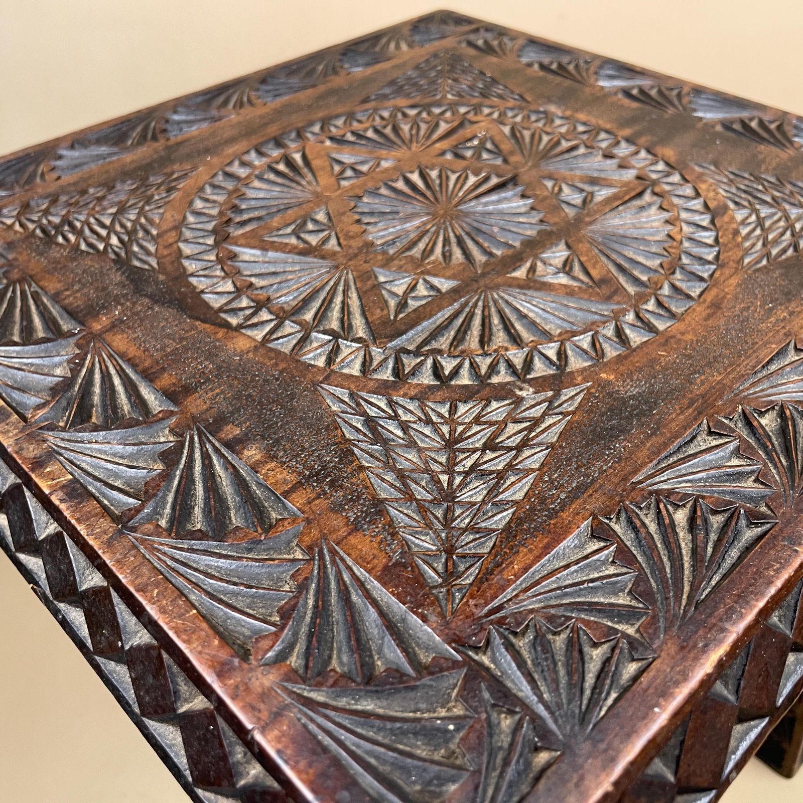 Hand Carved Wooden End Table Patterned Handcrafted Top Square Brown Table Vintage Decor Country Cottage Furniture Tripod Pattern 3 Legs Side photo Furniture
