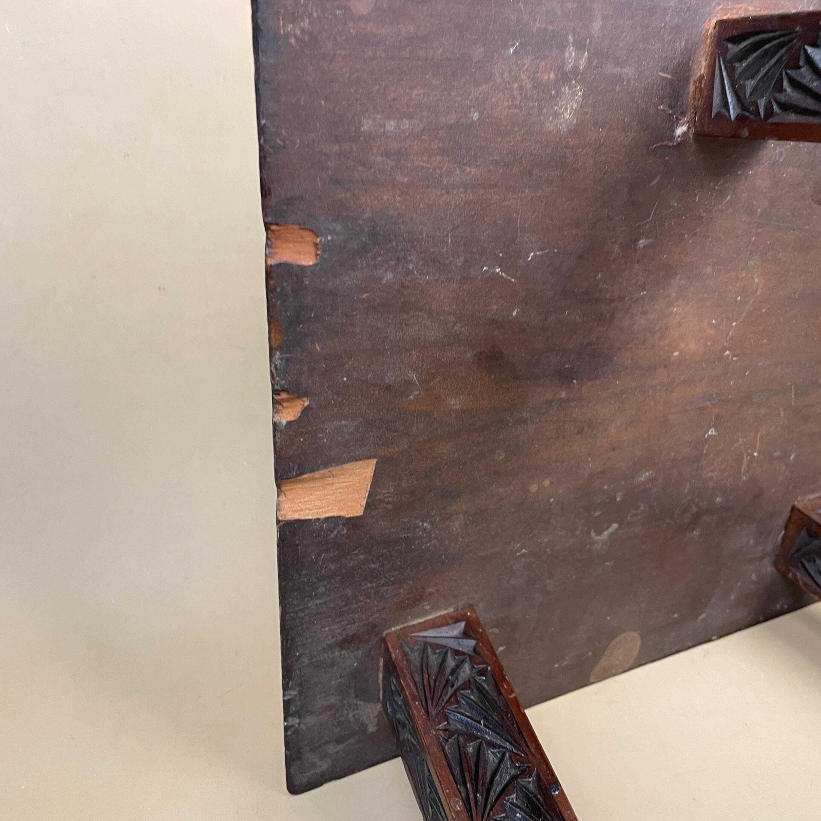 Furniture Hand Carved Wooden End Table Patterned Handcrafted Top Square Brown Table Vintage Decor Country Cottage Furniture Tripod Pattern 3 Legs Side photo