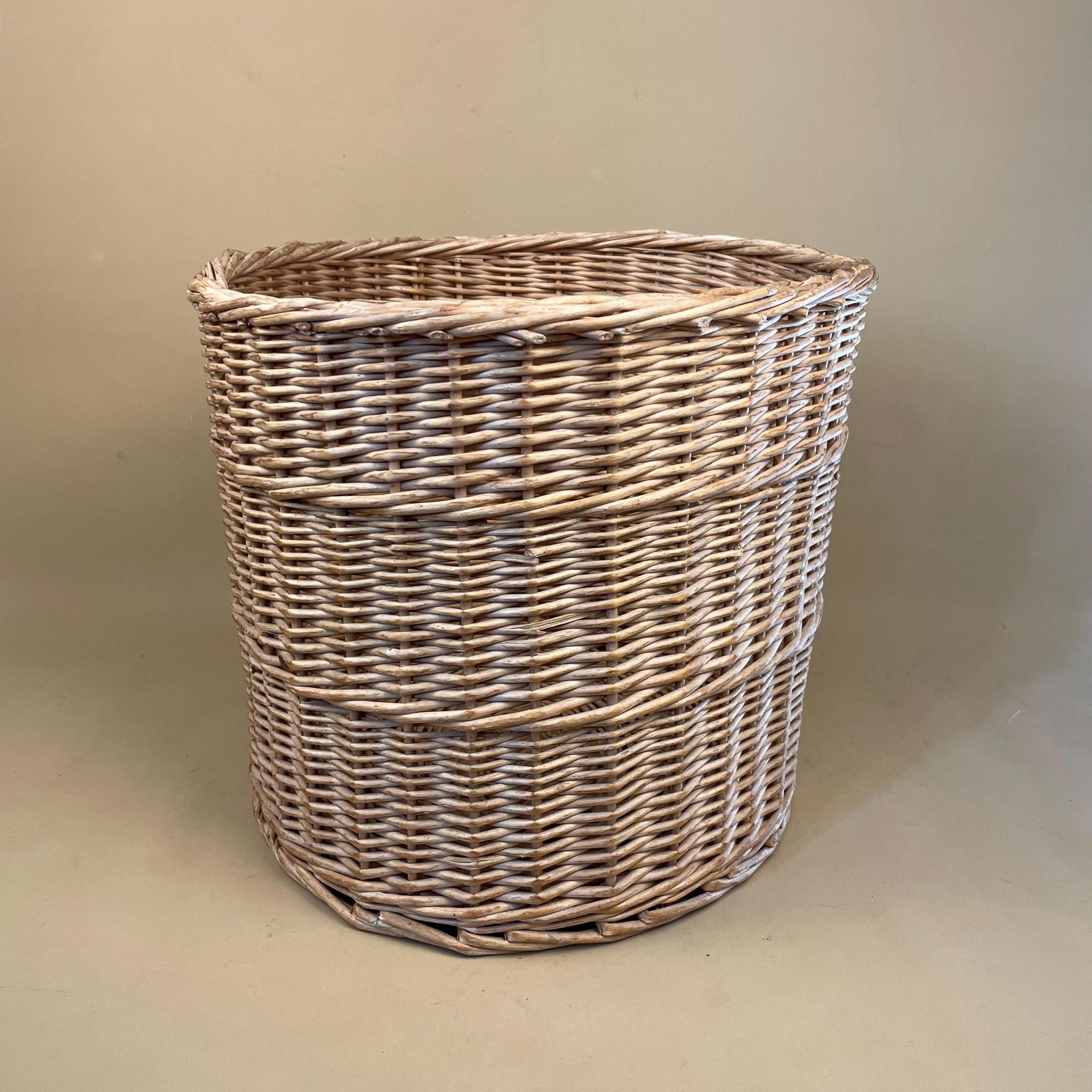 Vintage Round Basket Woven Wicker Brown Antique Cylinder Storage Farmhouse Cottage Decor Laundry Cane Wood Logs Fireplace Pale Striped