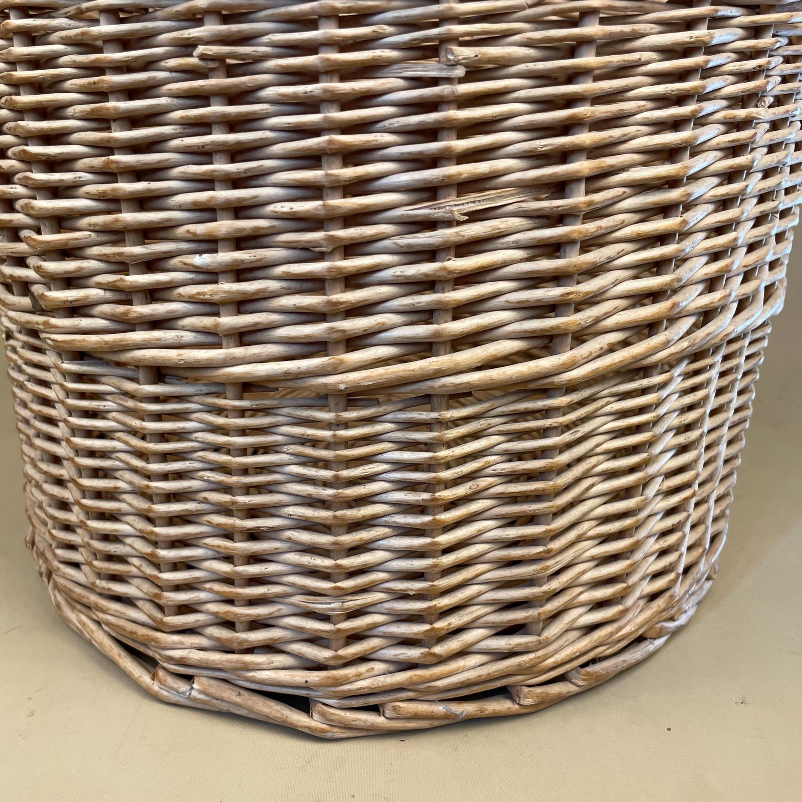 Vintage Round Basket Woven Wicker Brown Antique Cylinder Storage Farmhouse Cottage Decor Laundry Cane Wood Logs Fireplace Pale Striped photo 50.0