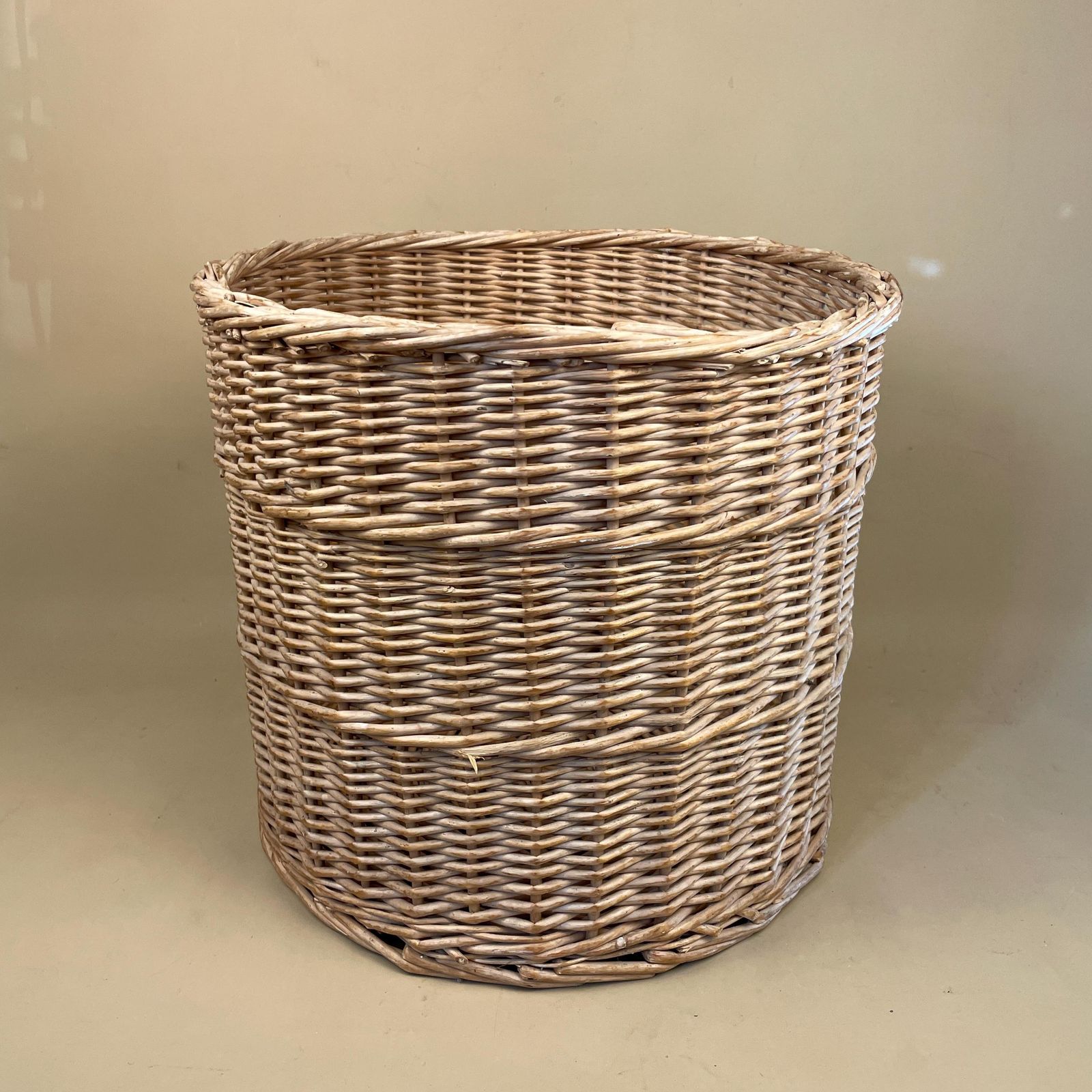 Vintage Round Basket Woven Wicker Brown Antique Cylinder Storage Farmhouse Cottage Decor Laundry Cane Wood Logs Fireplace Pale Striped photo vintage