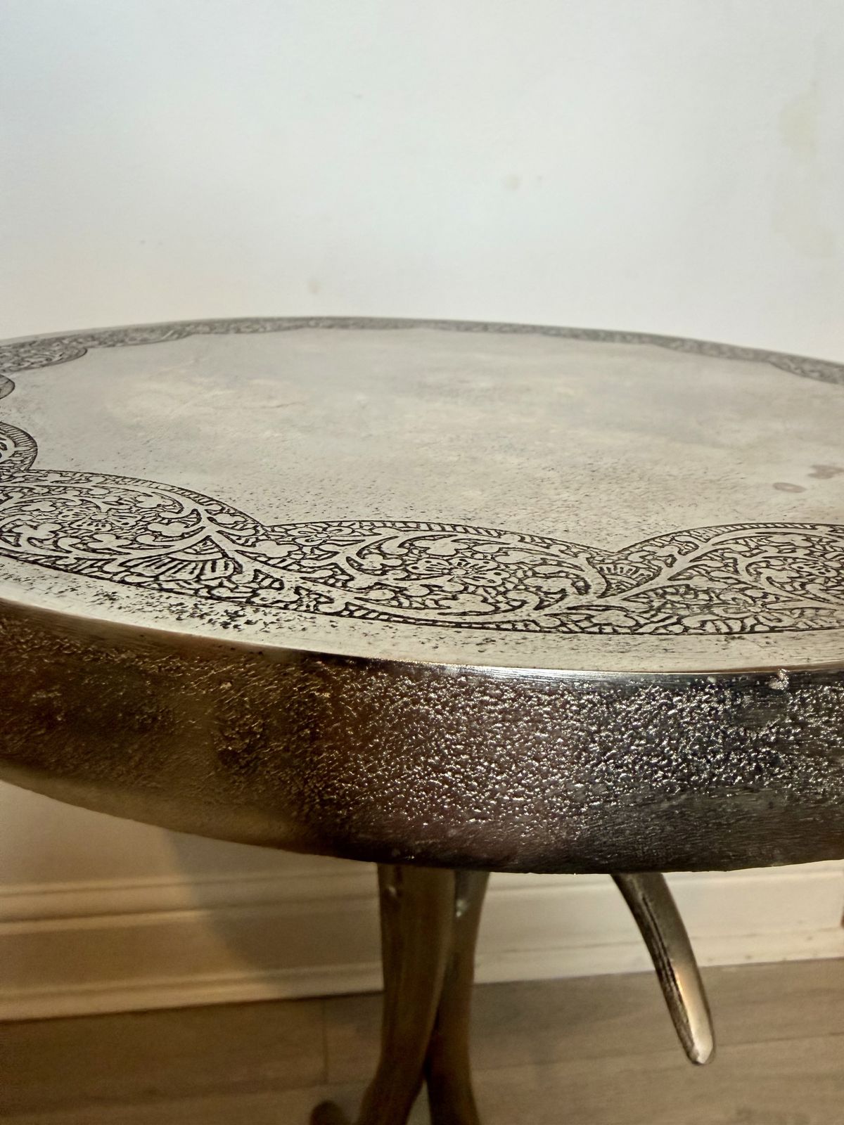 Vintage Cast Metal Antler Base Side Table With Engraved Foliate Rim photo Furniture