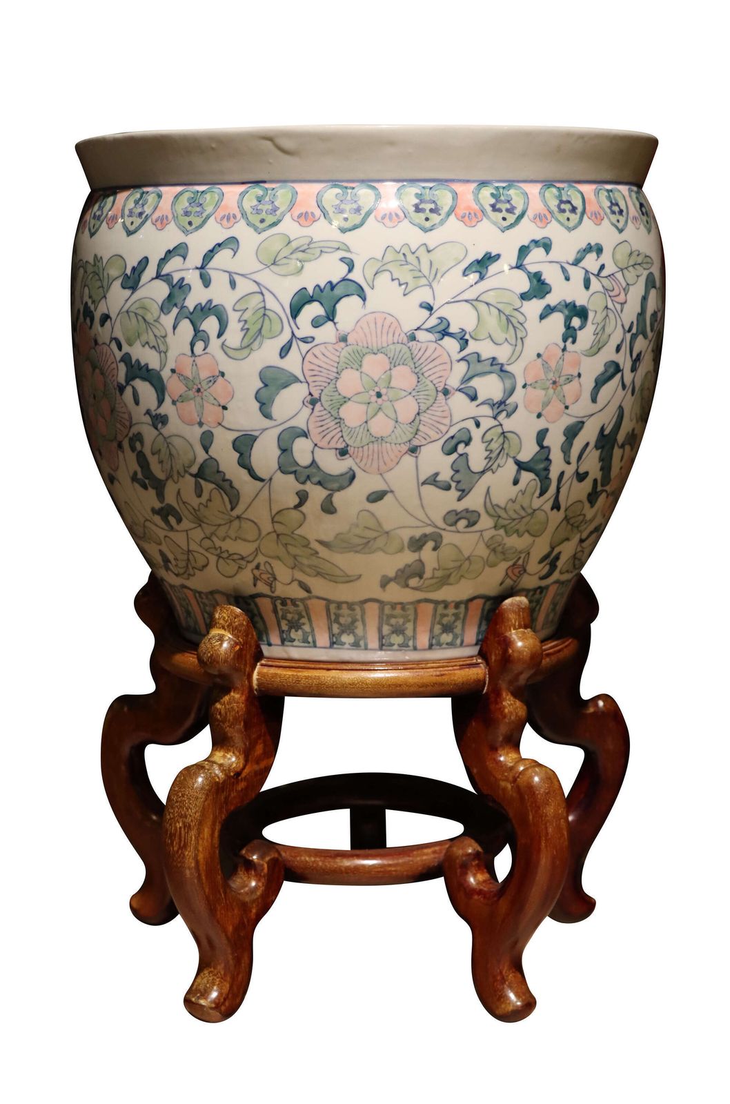 Chinese Decorative Porcelain Fish Bowl / Jardinière On Hardwood Stand, Circa 1970