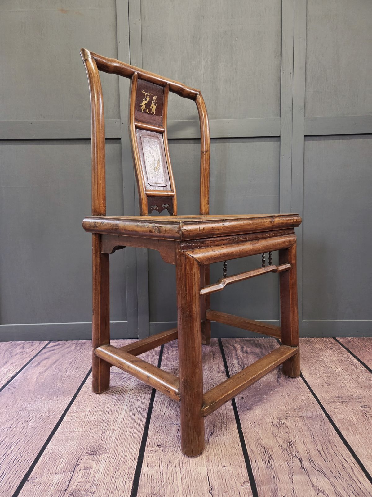 Antique Chinese Export Chair Horseshoe Back Lacquer Seat Bone Inlay Qing Style C1900 photo for sale