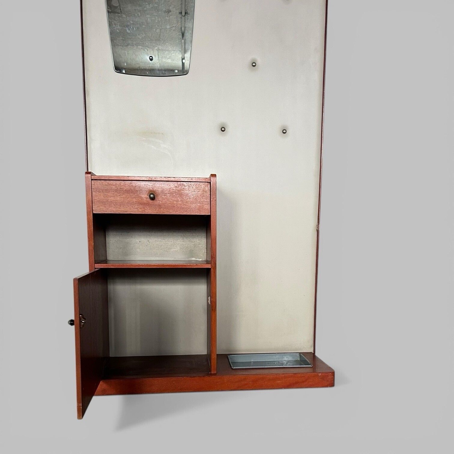 1960s Teak Hall Stand – Mirror Back With Drawer, Cupboard And Umbrella Tray photo for sale