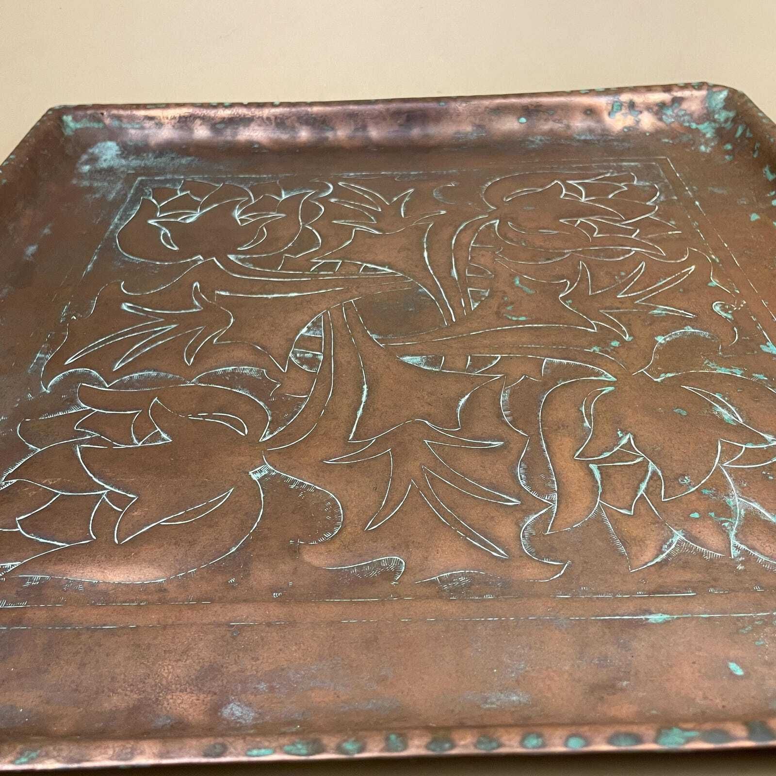 Art Nouveau Antique Metal Copper Tray Square Shape Plate Handmade Art Intricate Vintage Decorative Traditional Serving Display Patterned photo 89.0