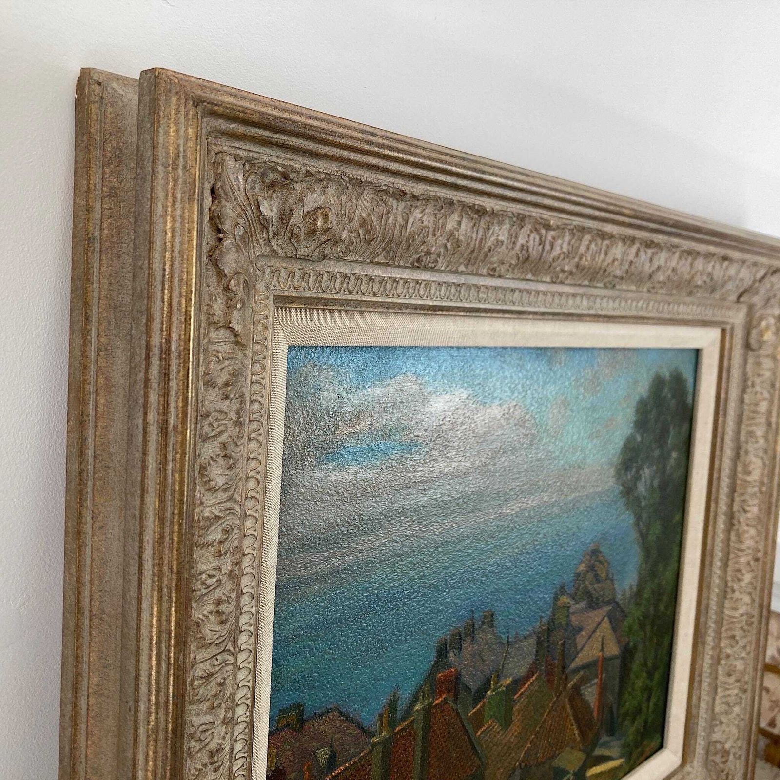 Rooftops To The Sea – British Vintage Oil On Board Framed Painting photo Art