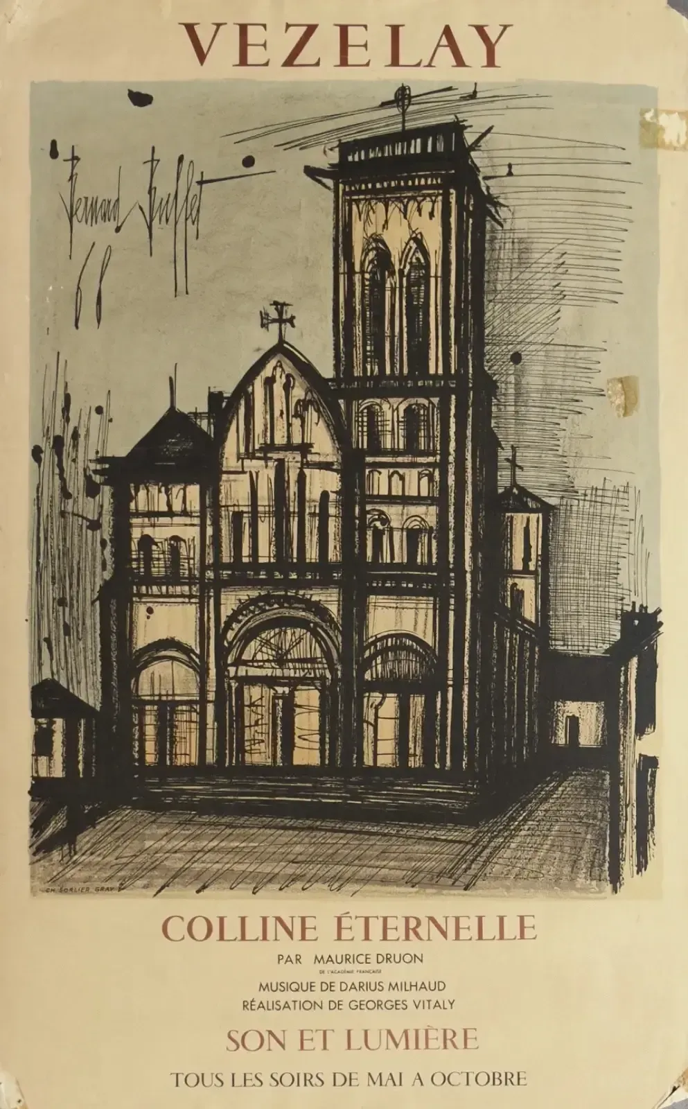 Bernard Buffet   Signed Lithograph Poster, Plate Vezelay 1968, Colline