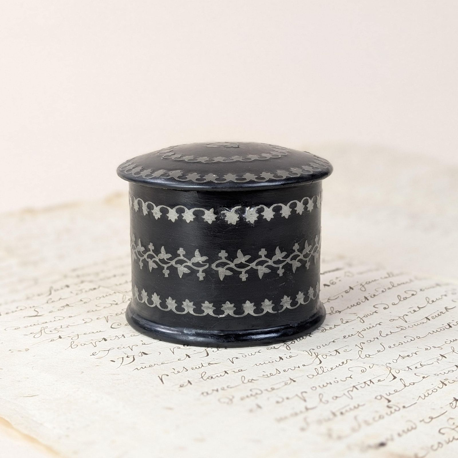 Antique French Powder Box Original Puff, Ebonized Paper Mache Metal Inlay Vanity Jar, 19th Century French Boudoir Piece photo vintage