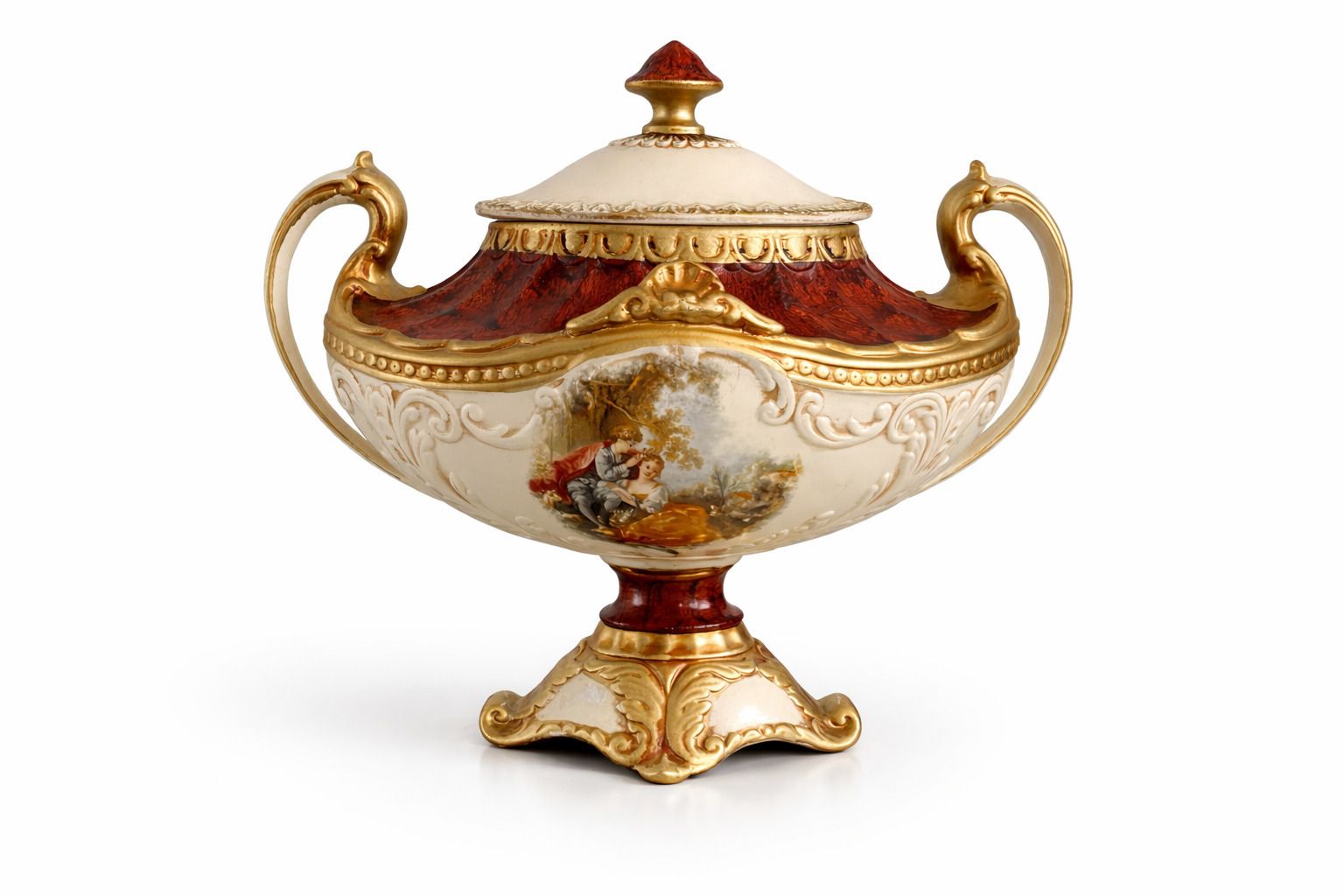 Antique Hand Painted Porcelain Urn With Lid & Gilt Detailing | Continental, C.1900