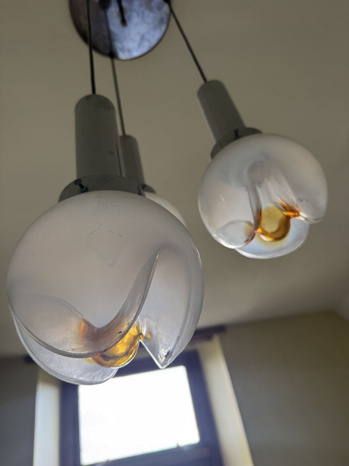 Murano Mazzega Opaline Murano Glass ‘Tulip’ Shades Pendant With Amber Centres   Vintage 1970s photo for sale