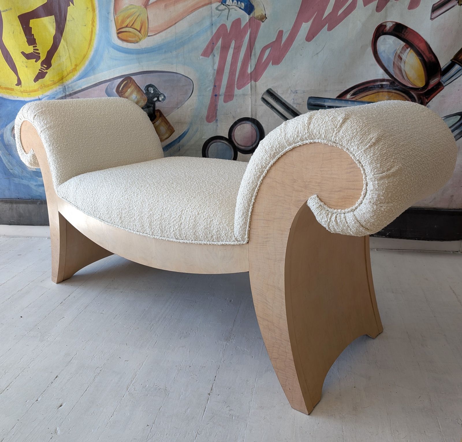 805.0 Large Vintage American Scroll End Burl & Boucle Upholstered Bench / Chaise photo