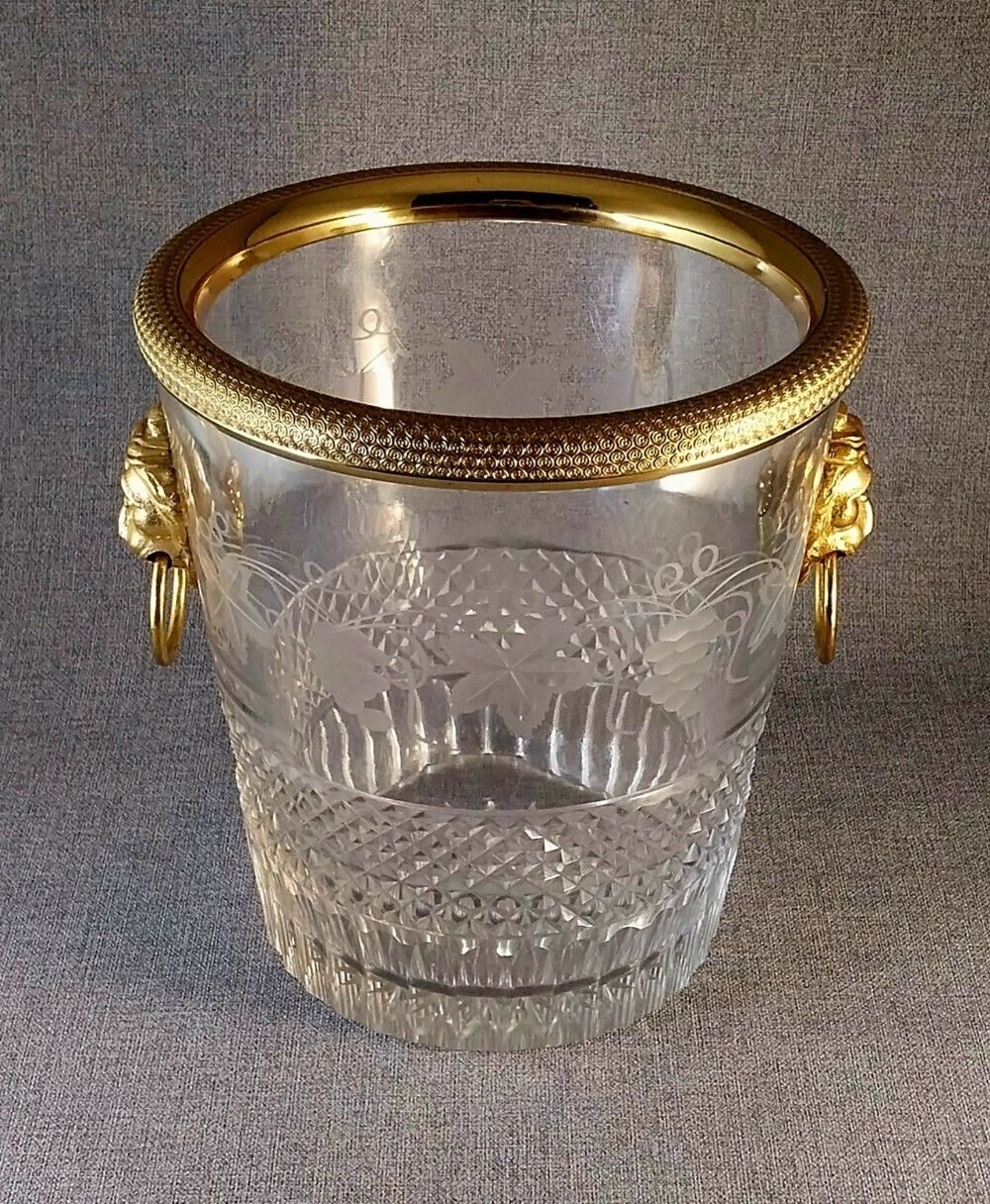 Cut Glass Bottle Cooler Gilt Bronze Mounts 19th Century Ice Bucket photo vintage