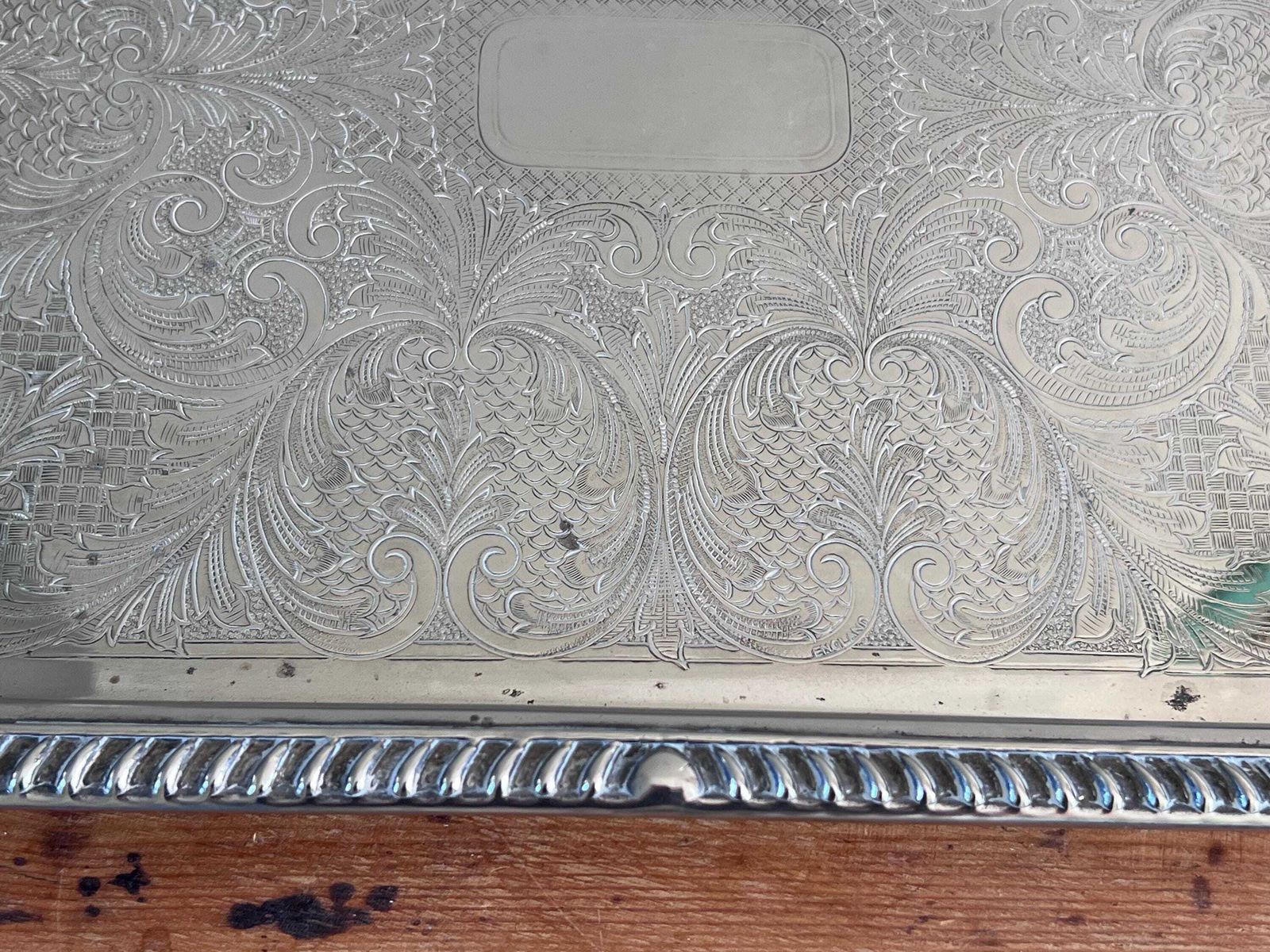 Large 18.5" Vintage Butler Cavalier Gallery Tray – English Silver Plated Serving Platter, Pierced Rim & Etched Scrollwork, Made In England photo vintage