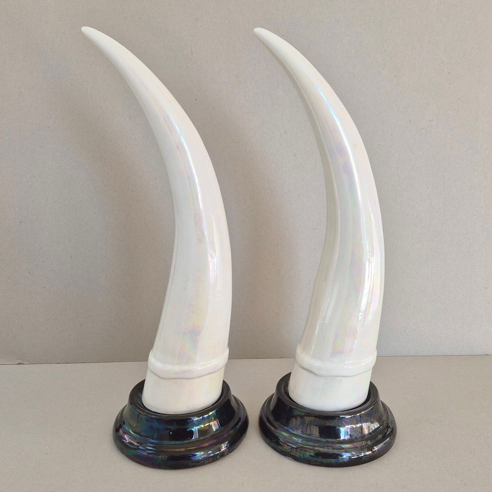 Pair Of Vintage 1960s Elephant Tusses In White & Black Iridescent Ceramic photo furniture