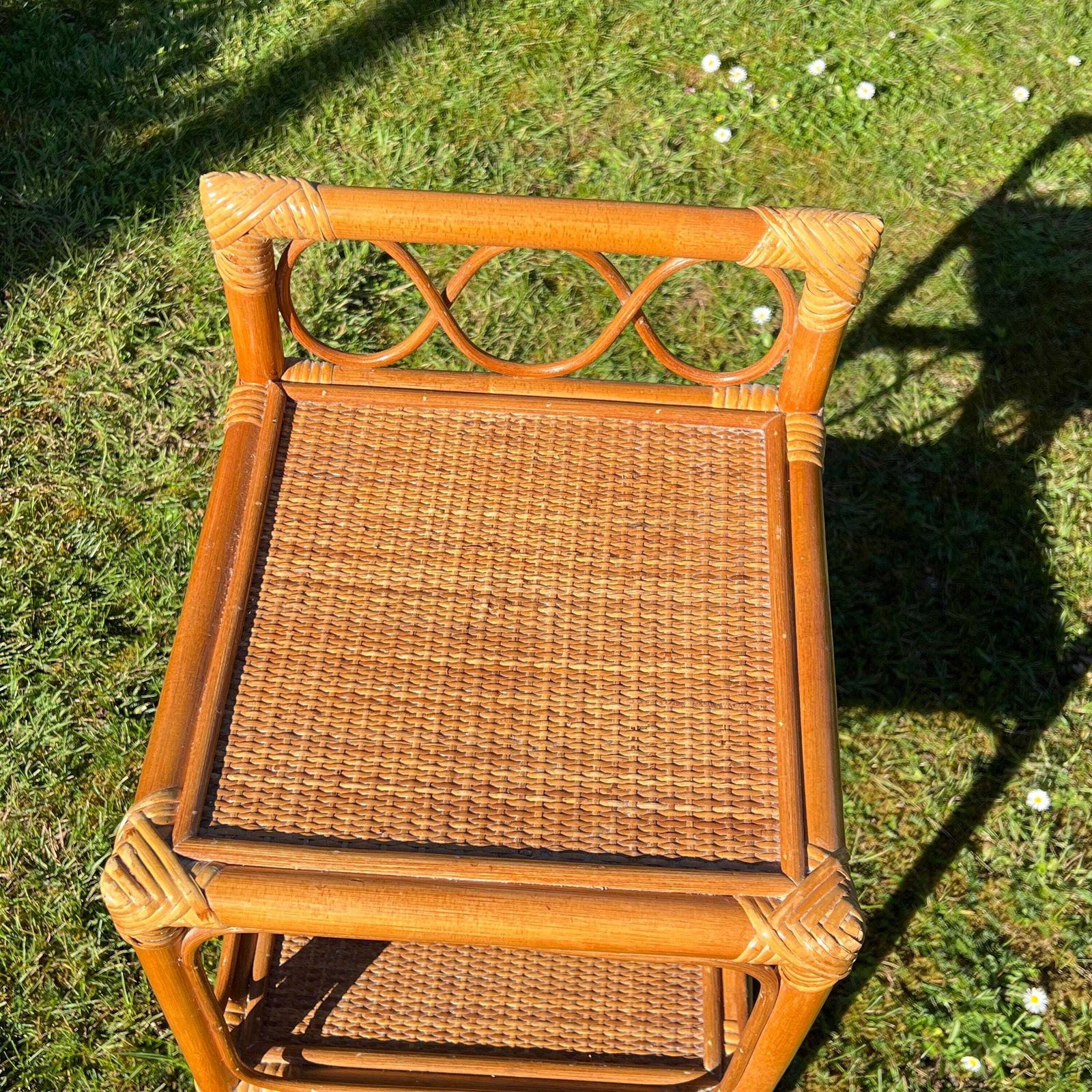 Vintage Bamboo Rattan Cane Bedside Table Stand, Boho Tiki Plant Stand Three Tier Side Table photo Furniture