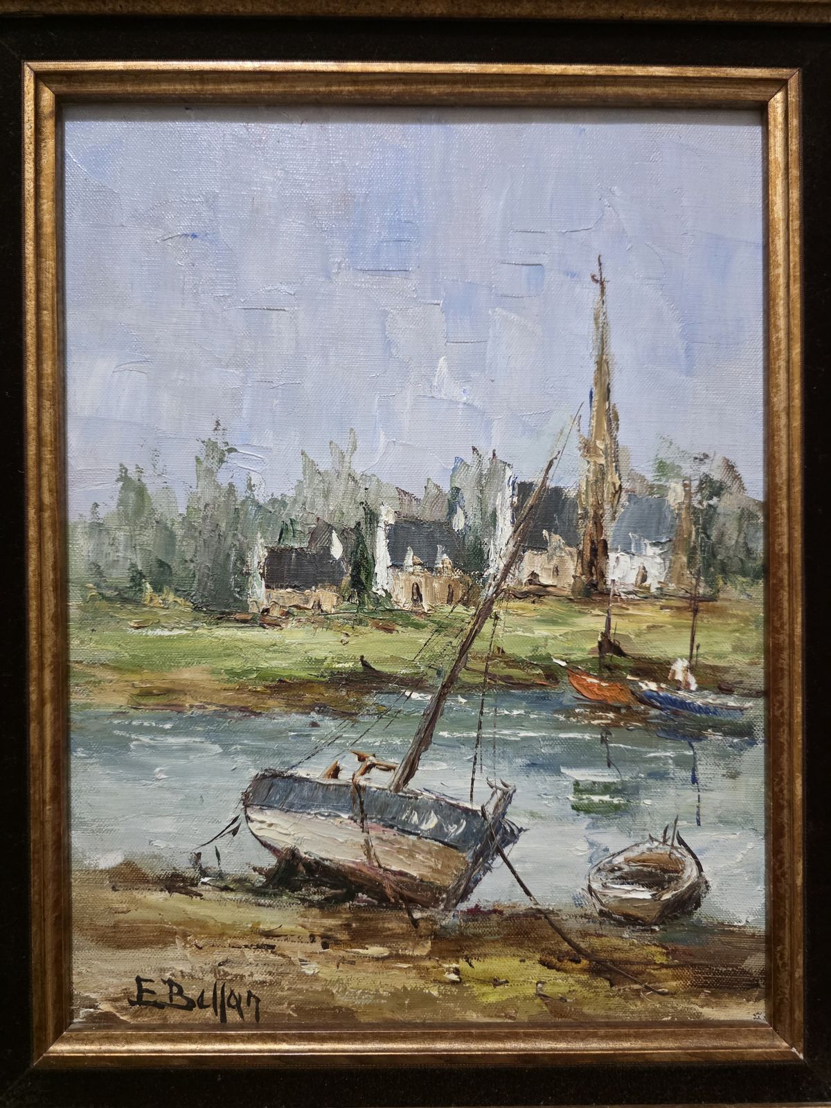 étienne Bellan Signed French Breton Harbour Scene Oil Painting, Framed. photo furniture