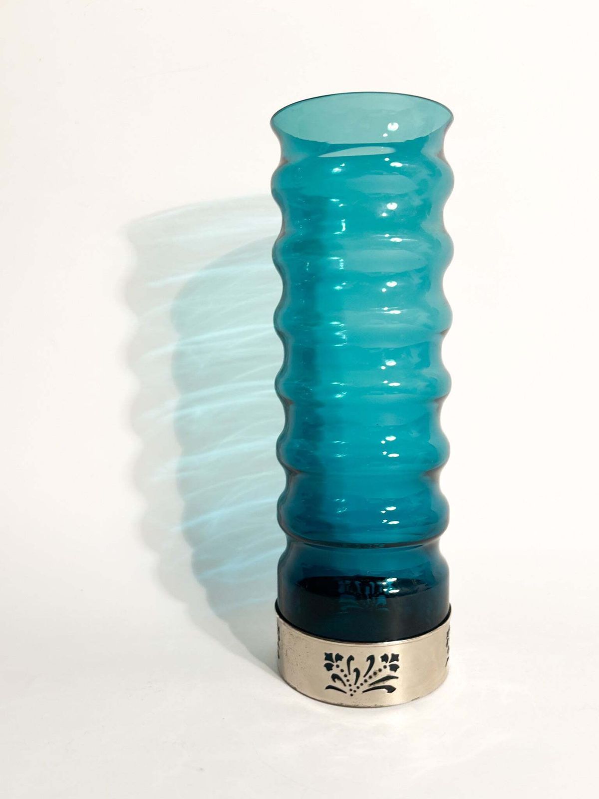 Cylindrical Vase In Blue Glass And Silver Metal, 1970s photo furniture