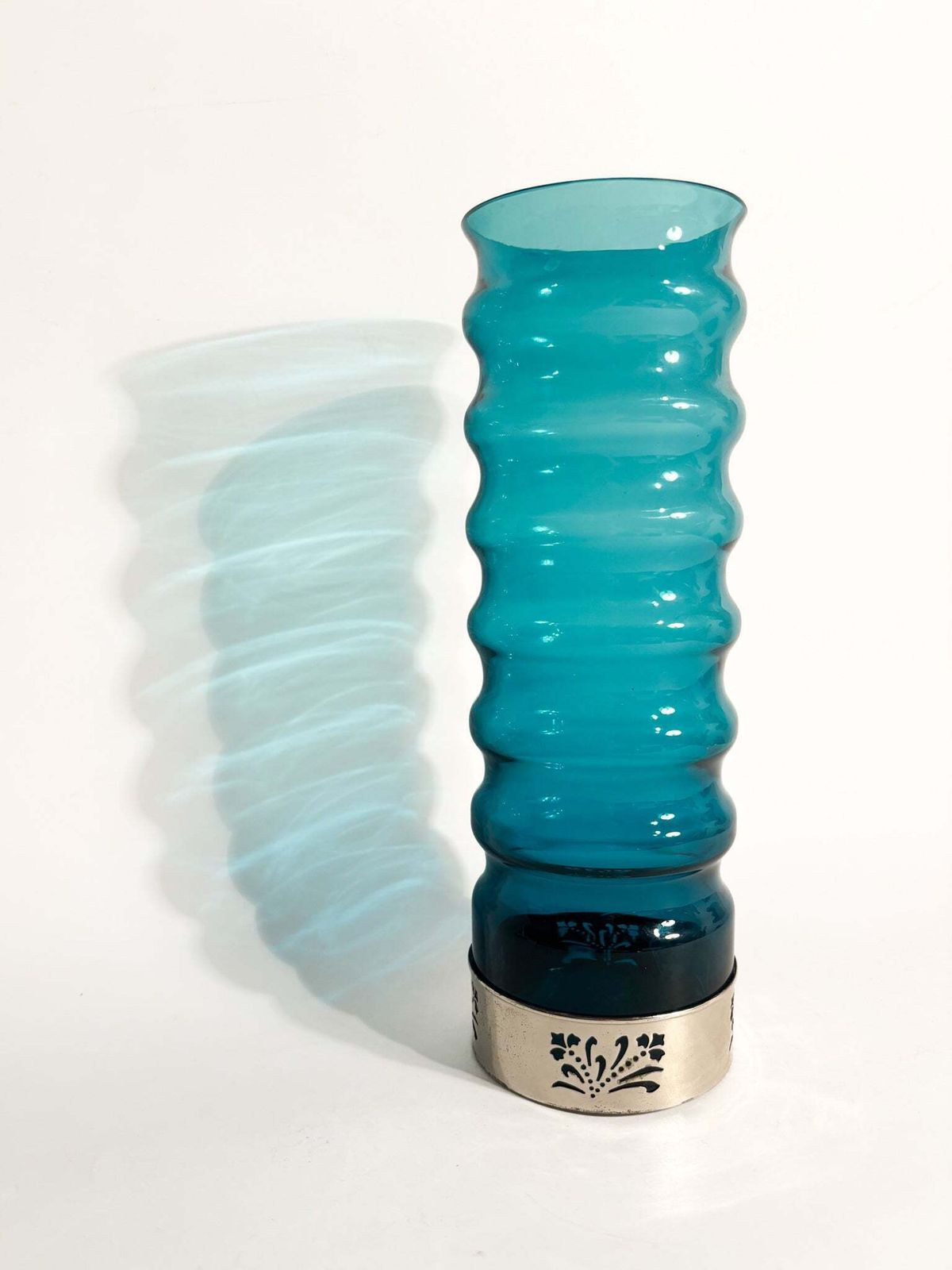 Cylindrical Vase In Blue Glass And Silver Metal, 1970s photo 134.0