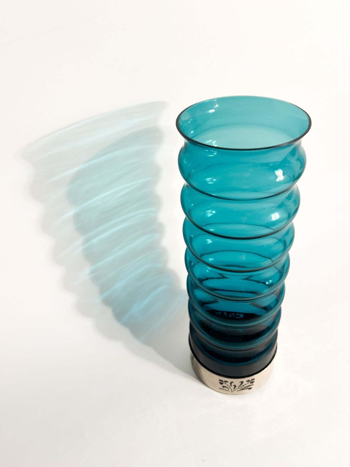 Cylindrical Vase In Blue Glass And Silver Metal, 1970s photo buy
