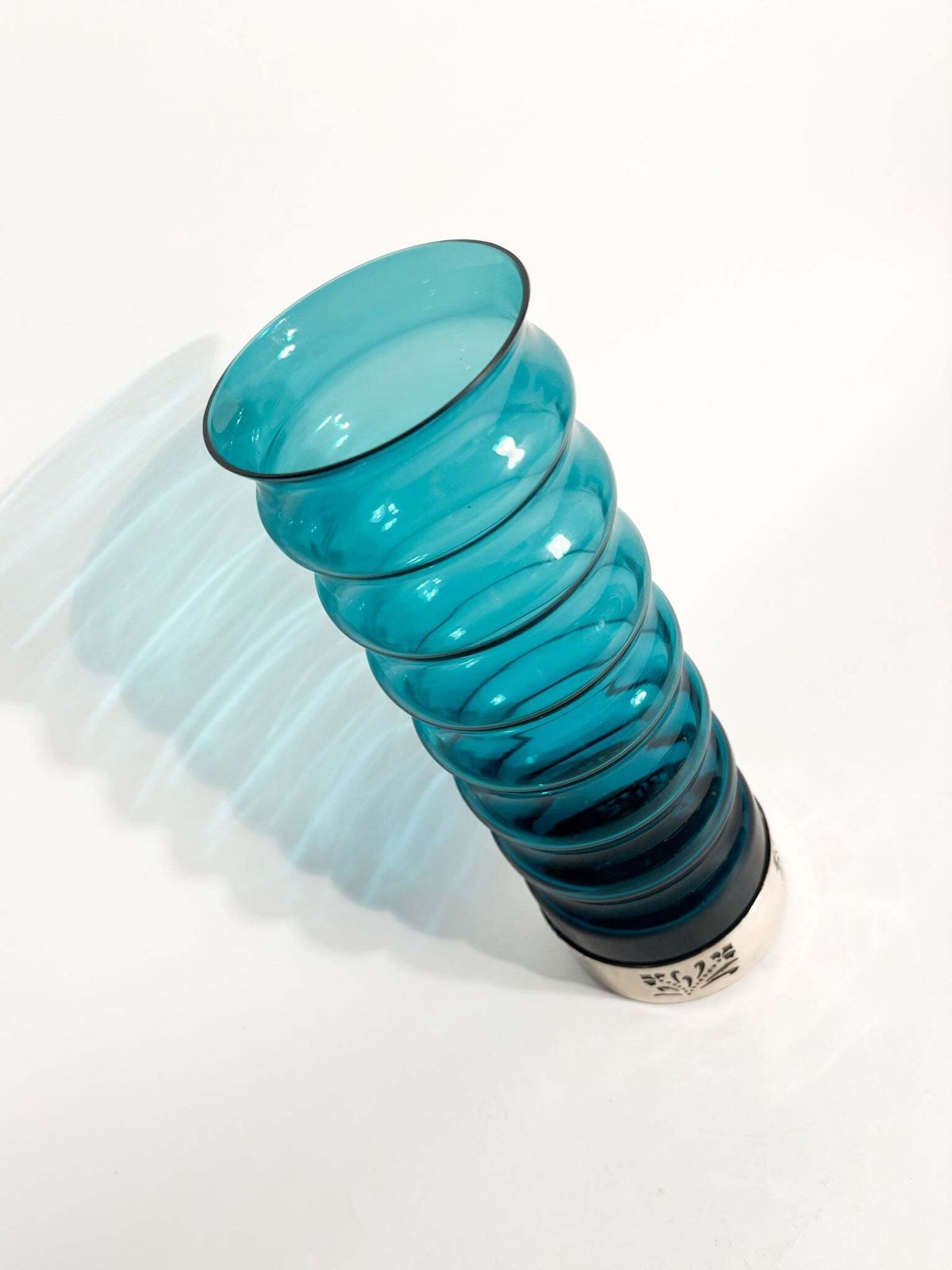 Cylindrical Vase In Blue Glass And Silver Metal, 1970s photo vintage