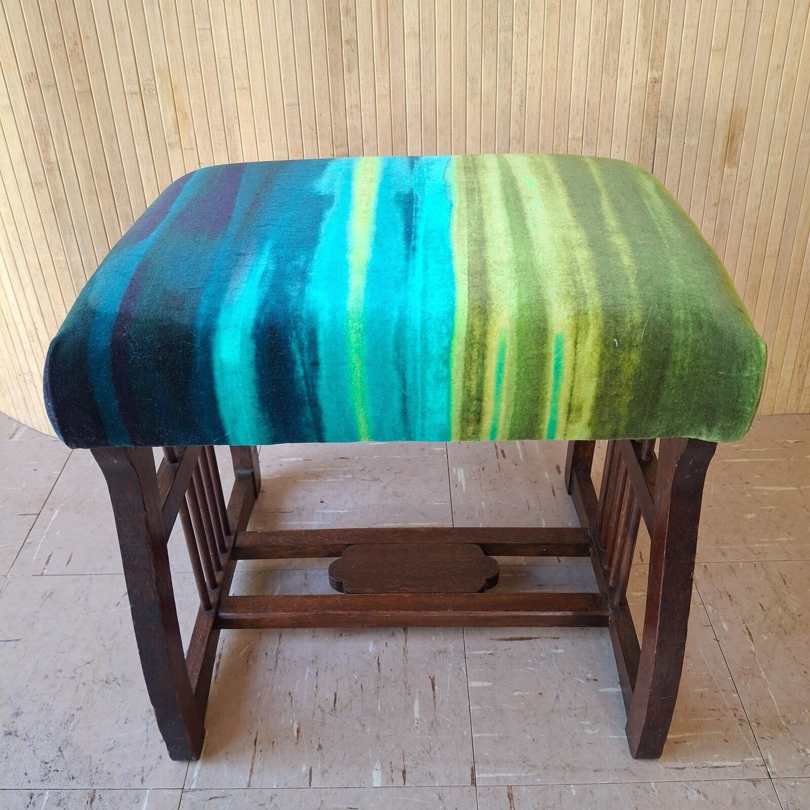 Fab Antique Dark Oak Piano Dressing Stool Blue Green Ombre Velvet photo for sale