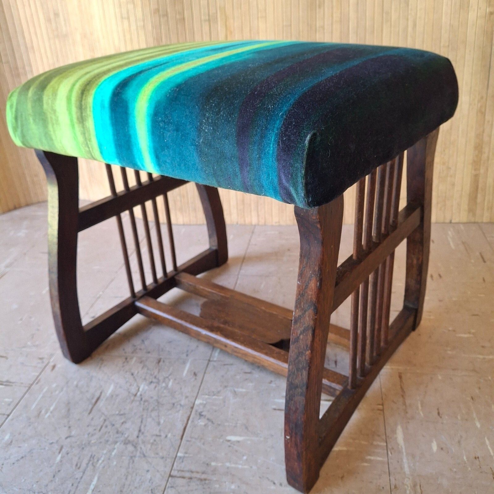 photo buy Fab Antique Dark Oak Piano Dressing Stool Blue Green Ombre Velvet
