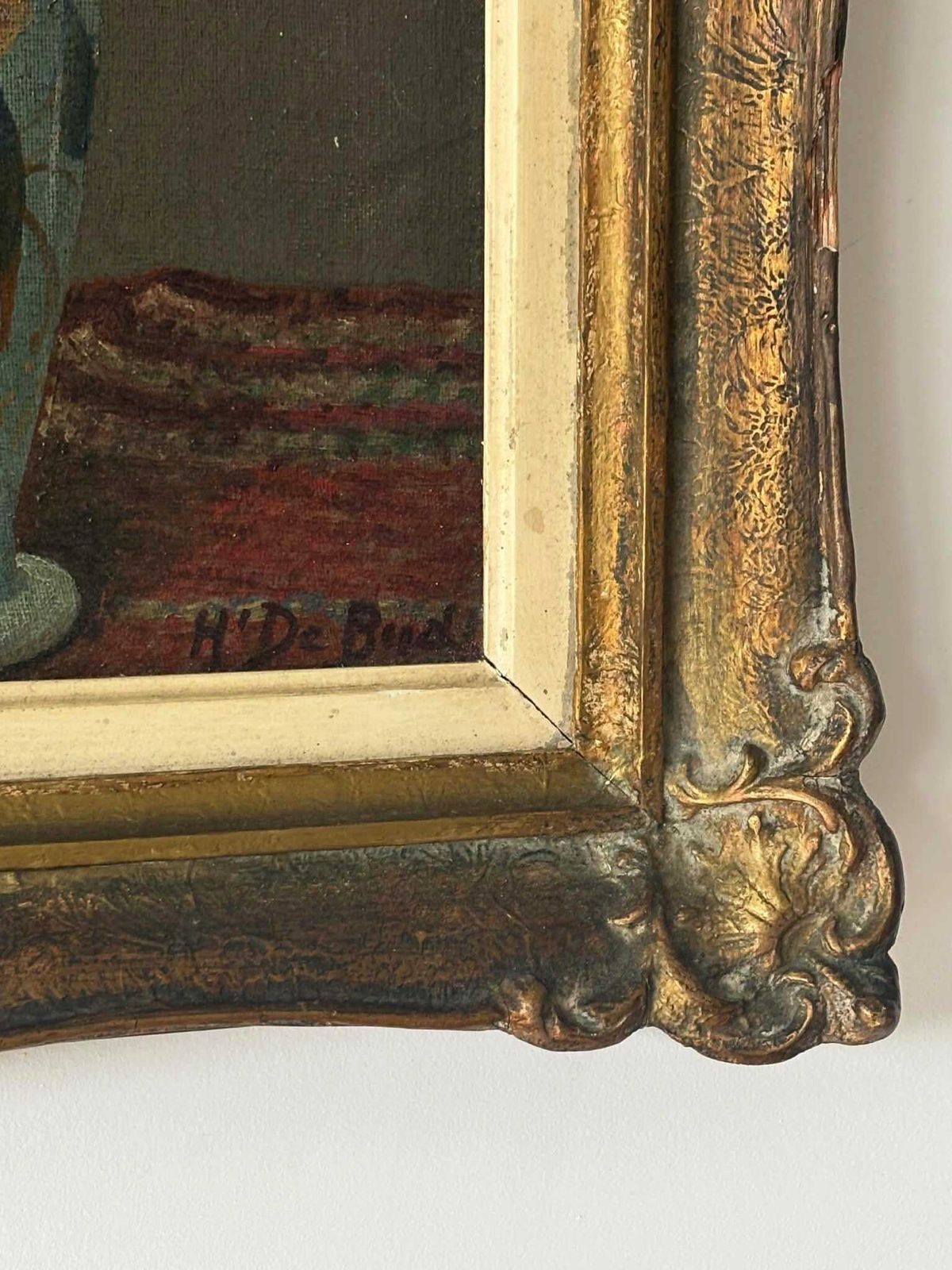 Floral Still Life Painting In Ornate Gilded Frame, Belgian Antique Romantic Cottage Wall Art, Classic Vase With Flowers photo for sale