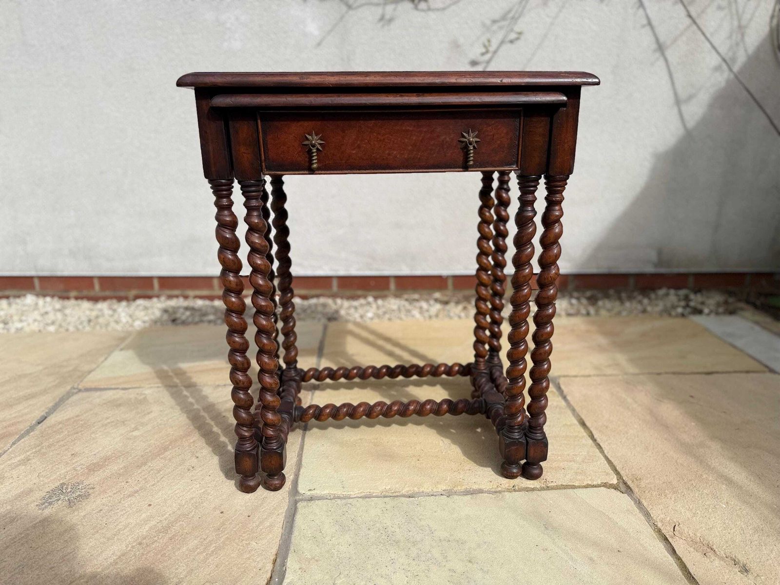 Jonathan Charles/Harrods Walnut Barley Twist Nest Of Two Tables With Leather Inset And Single Drawer To Small Table