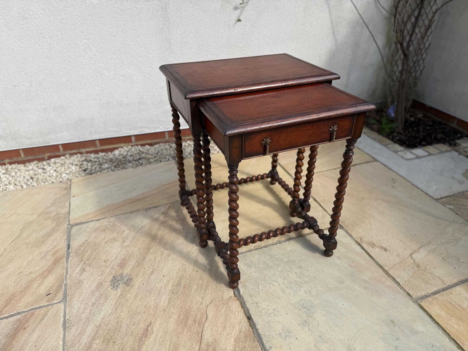 Jonathan Charles/Harrods Walnut Barley Twist Nest Of Two Tables With Leather Inset And Single Drawer To Small Table photo vintage