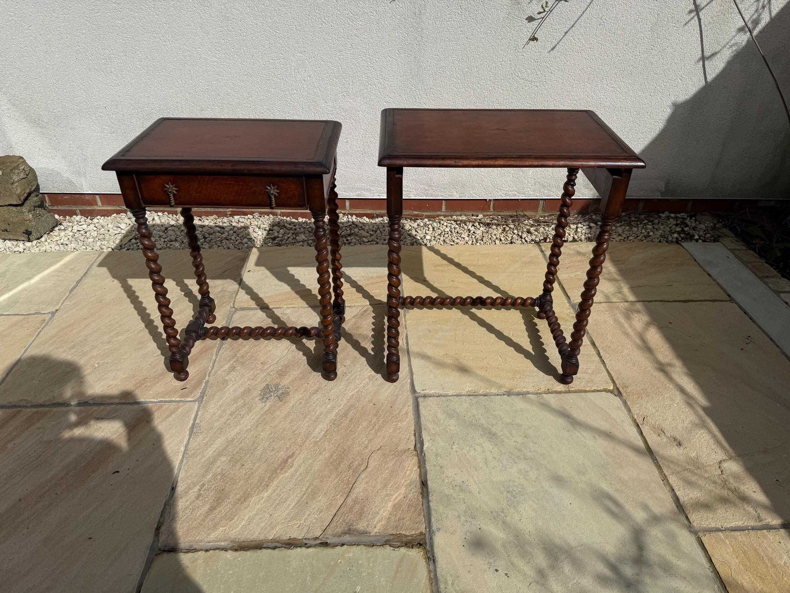 photo furniture Jonathan Charles/Harrods Walnut Barley Twist Nest Of Two Tables With Leather Inset And Single Drawer To Small Table