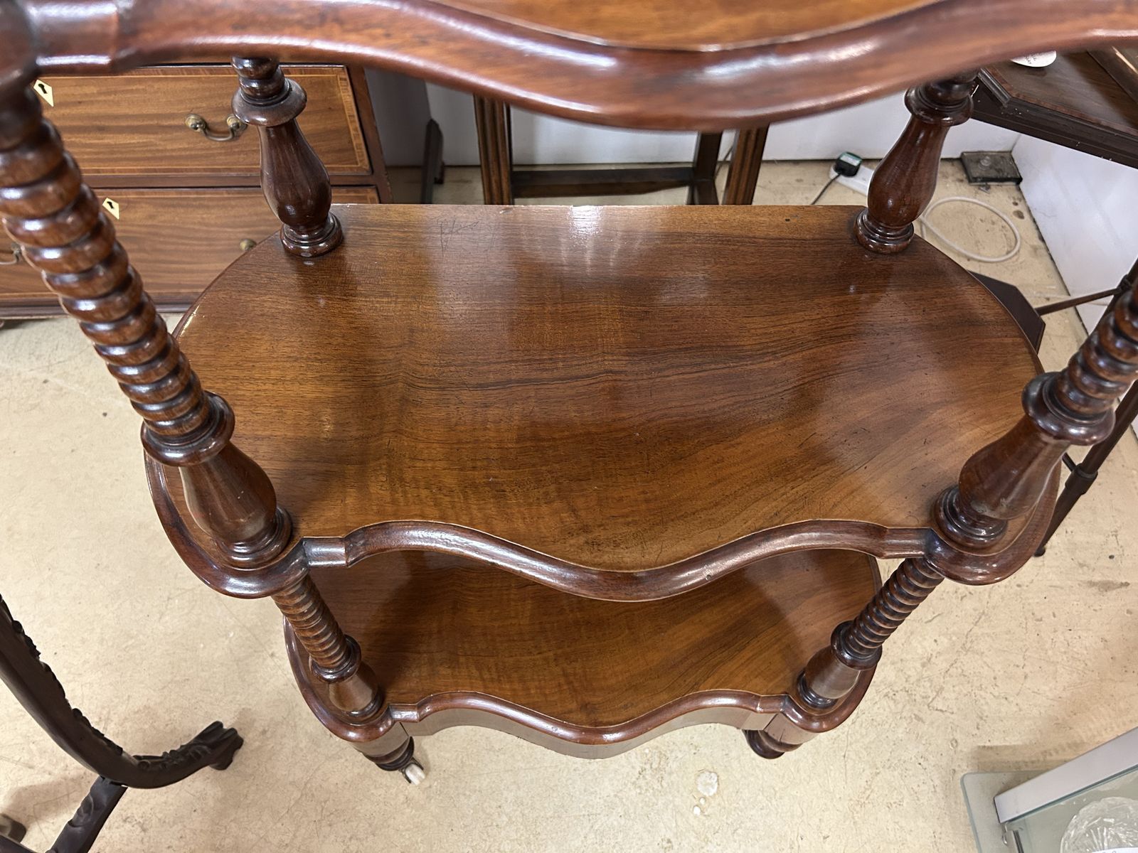 Furniture Antique Mahogany 3 Shelf What Not With Drawer On Castors photo