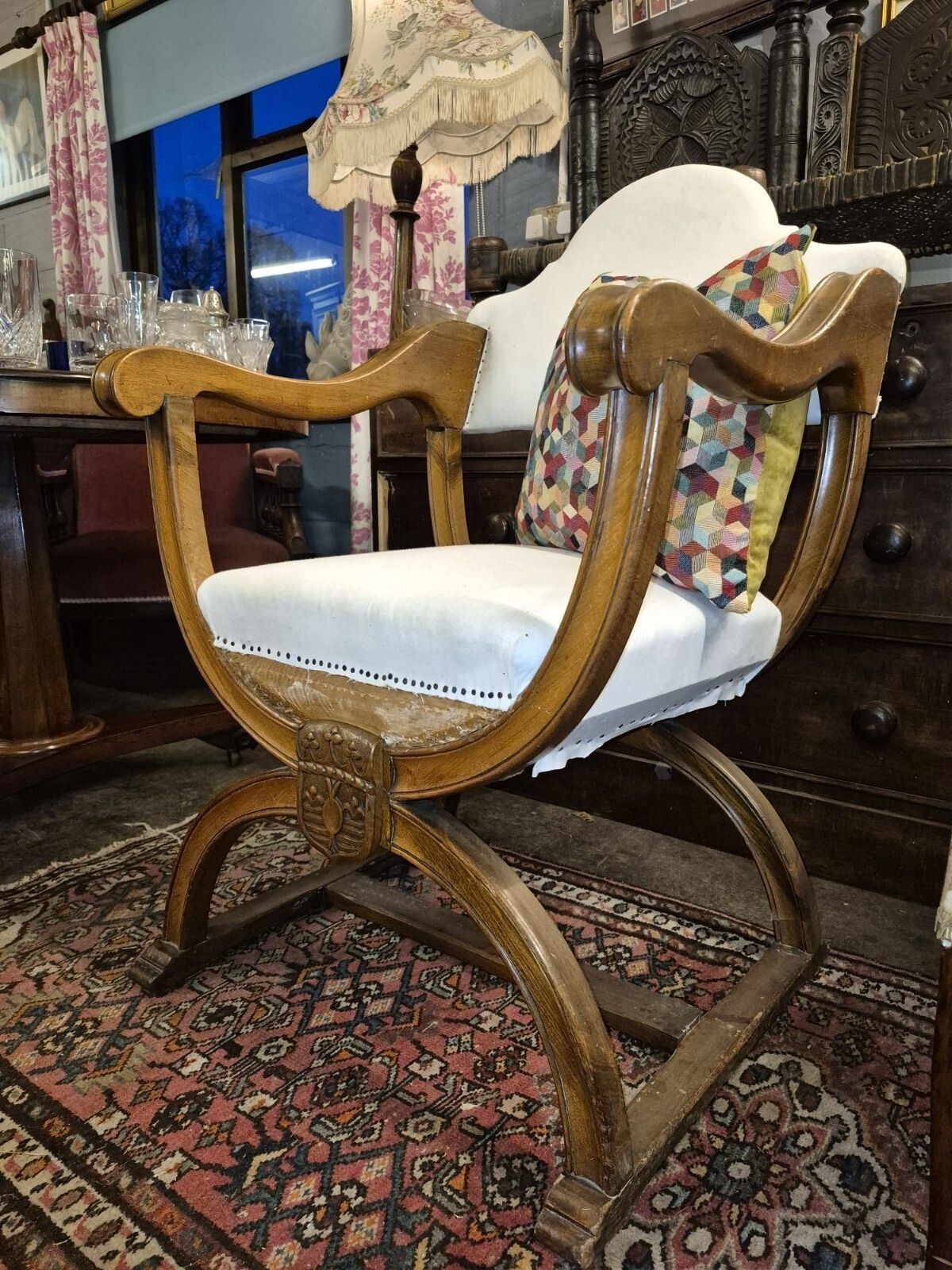 An Epic Sturdy In Calico Iconic X Frame Victorian Armchair In Creamy Satinwood
