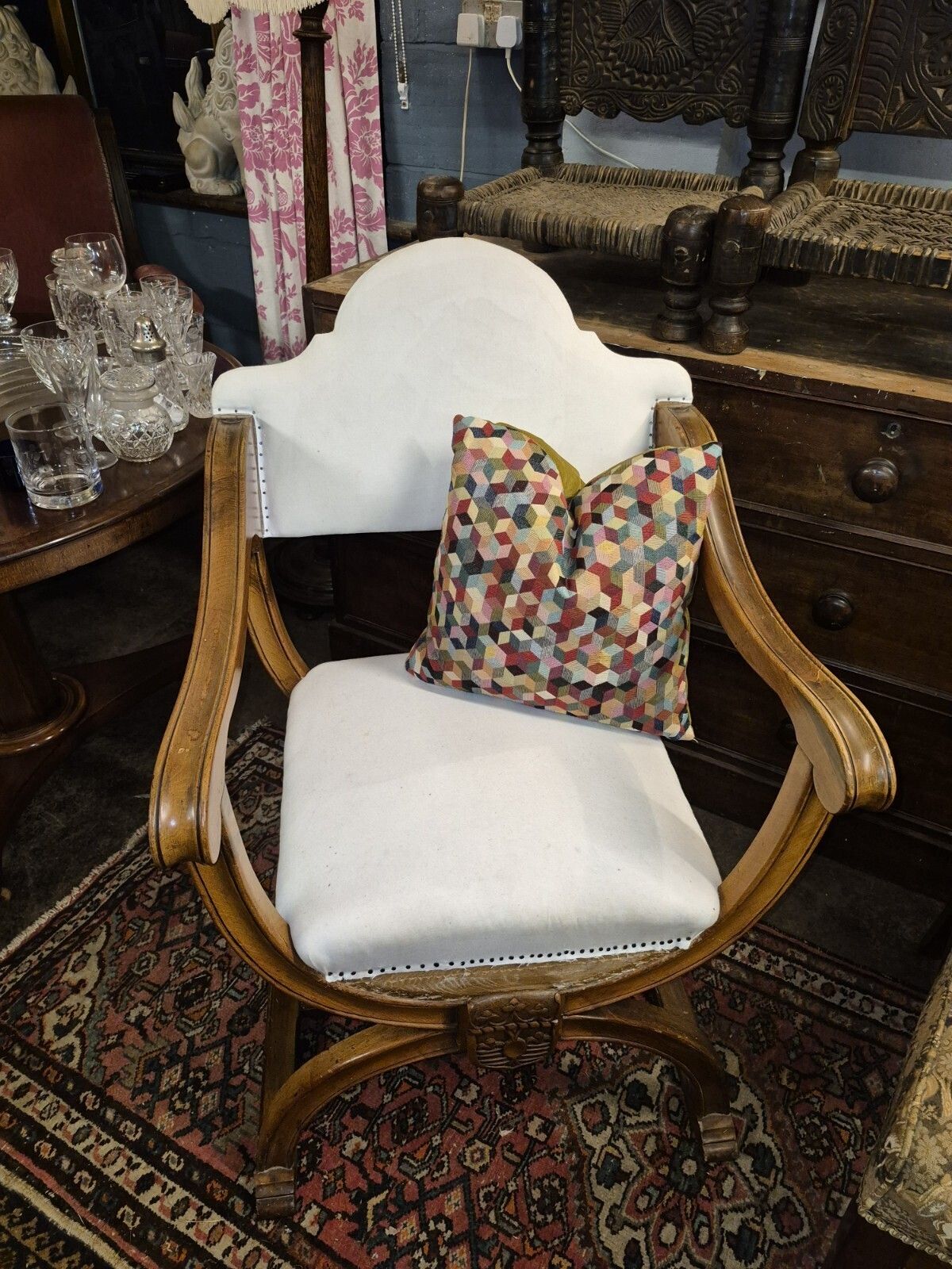 244.0 An Epic Sturdy In Calico Iconic X Frame Victorian Armchair In Creamy Satinwood photo