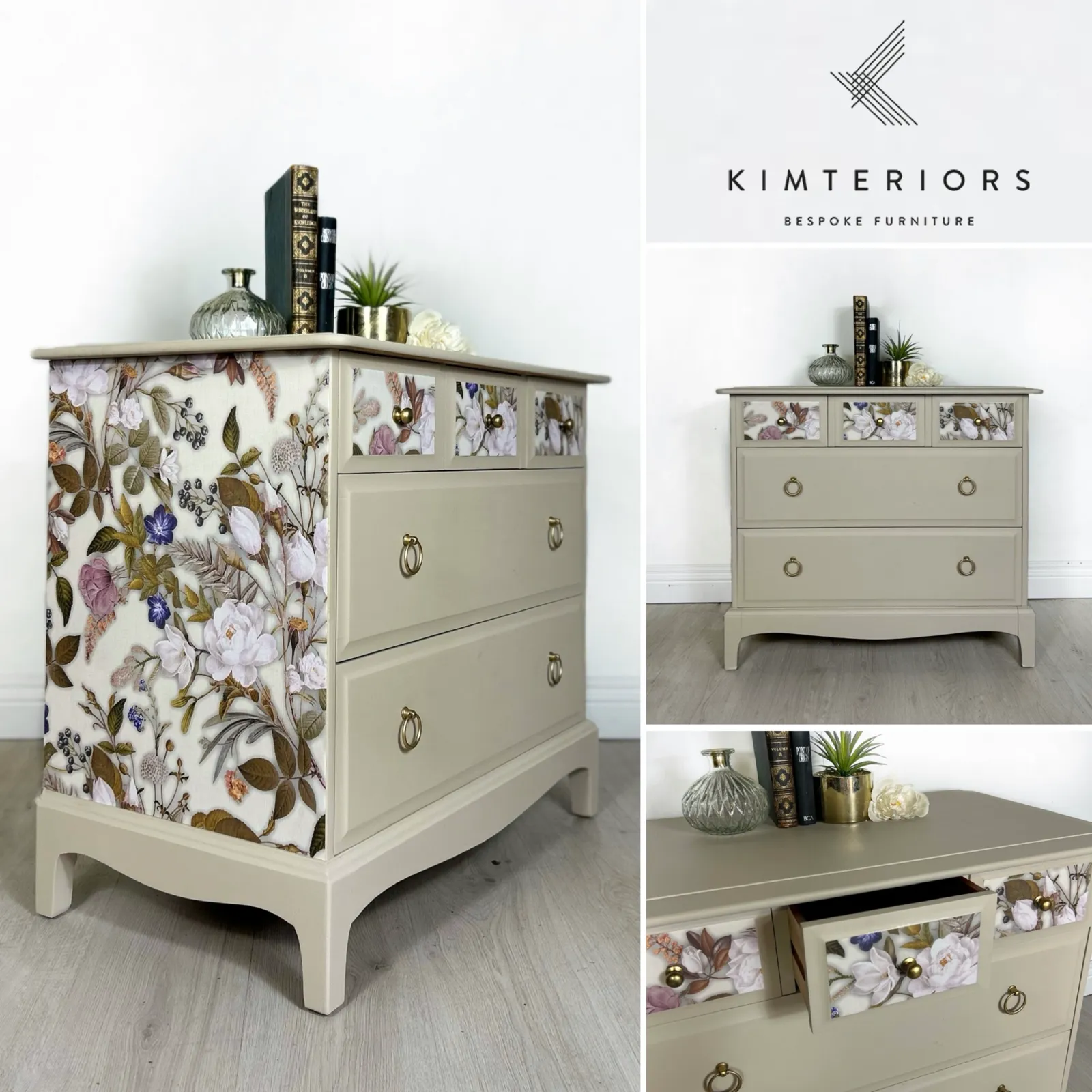 Stag Floral Neutral Oversized Bedside Cabinets | Vintage Pair Uk photo for sale