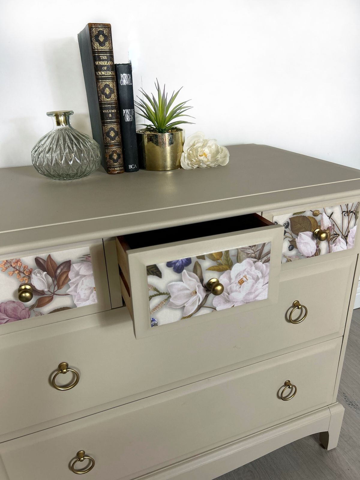 Stag Floral Neutral Oversized Bedside Cabinets | Vintage Pair Uk photo buy