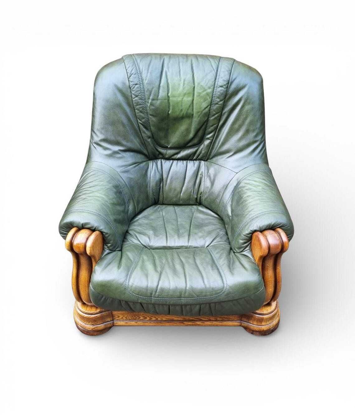 Vintage Leather Armchair With Solid Oak Frame  Green Leather C.1970s photo furniture
