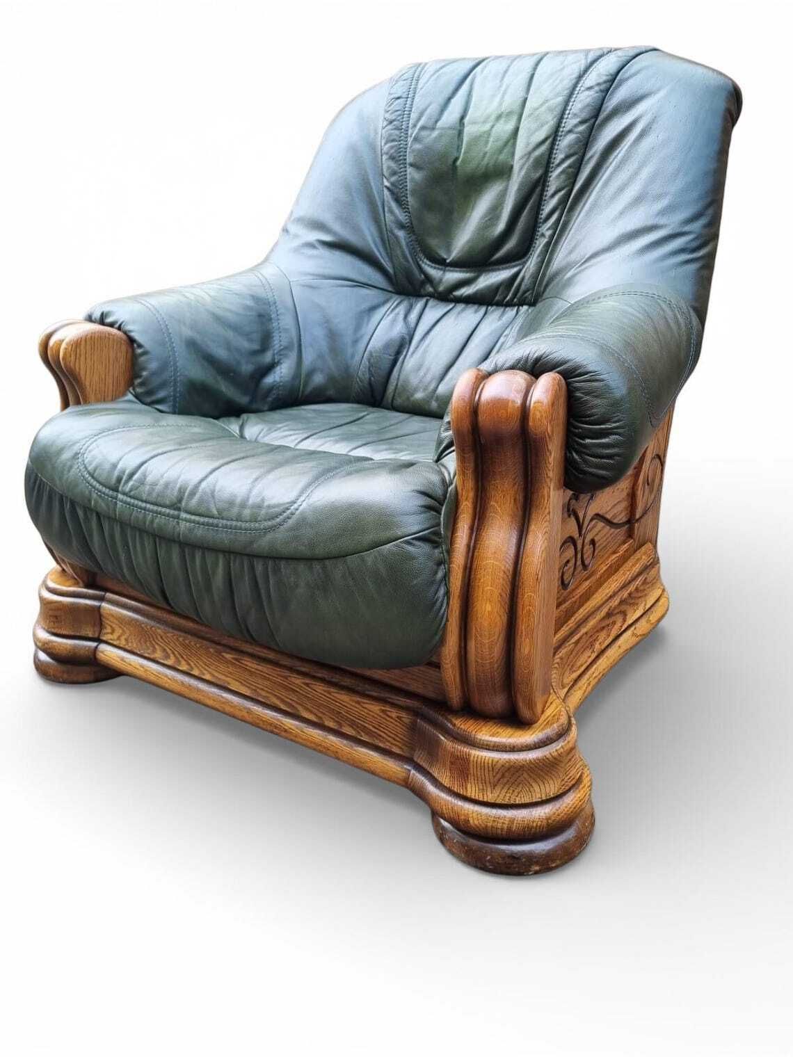 photo furniture Vintage Leather Armchair With Solid Oak Frame  Green Leather C.1970s
