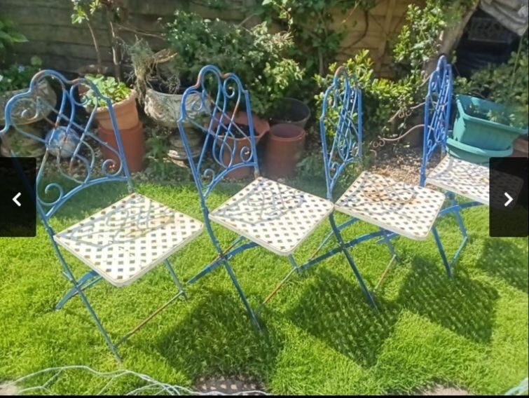 Vintage Set Of 4 French Folding Bistro Chairs With French Wrought Iron Marble Top Side Table. photo vinterior