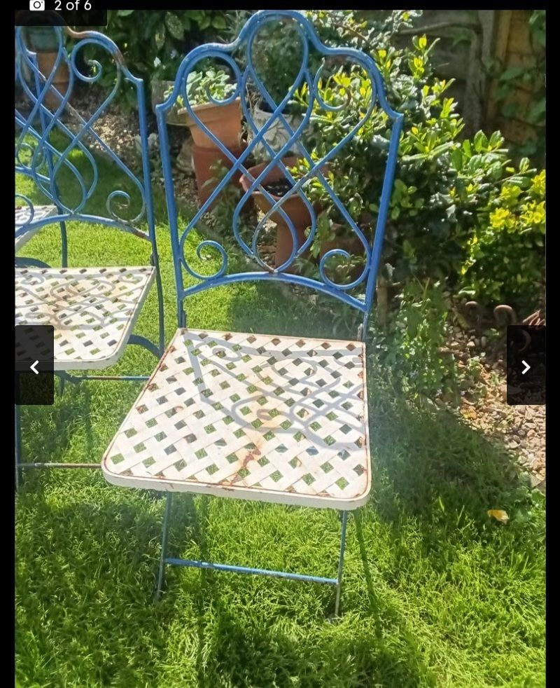 photo for sale Vintage Set Of 4 French Folding Bistro Chairs With French Wrought Iron Marble Top Side Table.
