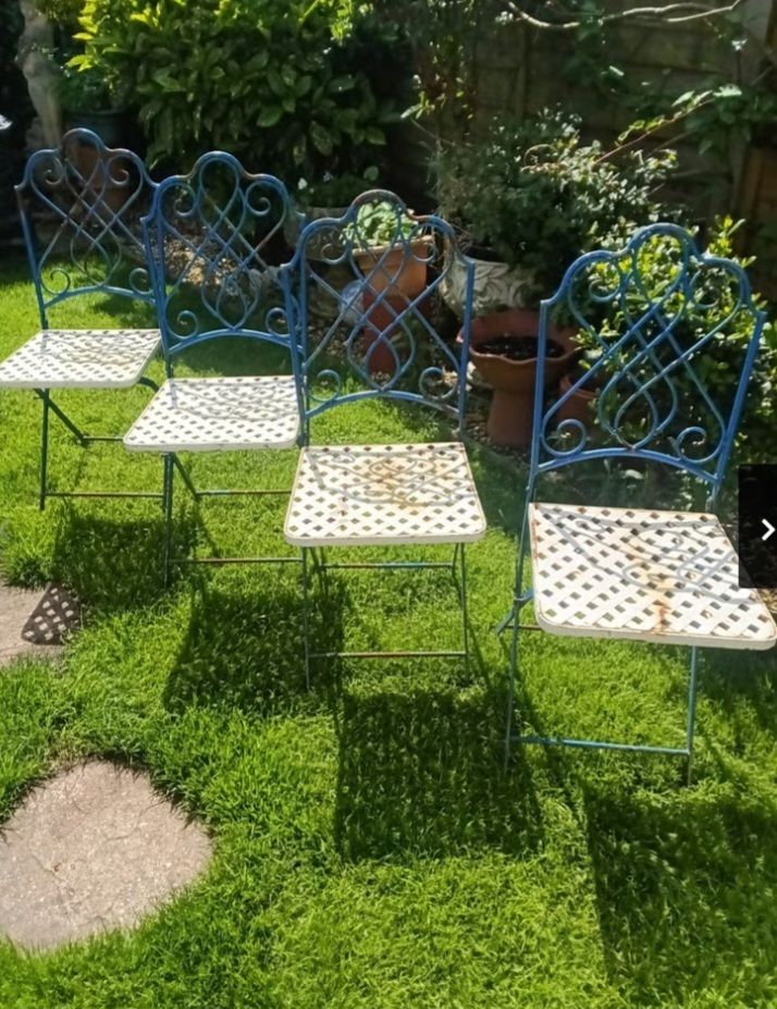 Garden Furniture Vintage Set Of 4 French Folding Bistro Chairs With French Wrought Iron Marble Top Side Table. photo