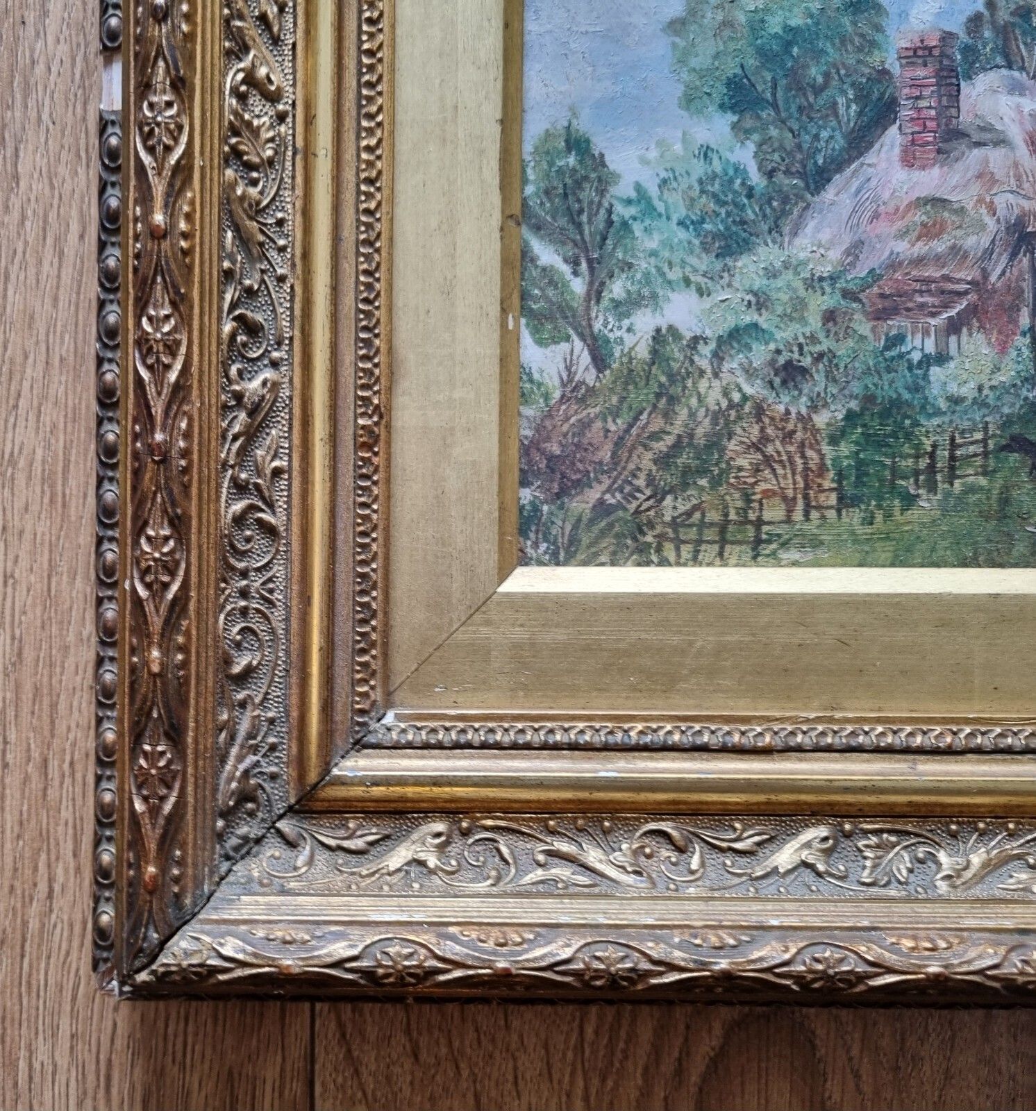 Art Vintage Early 20th Oil Painting Cottage Farm Landscape Antique Gilt Framed photo