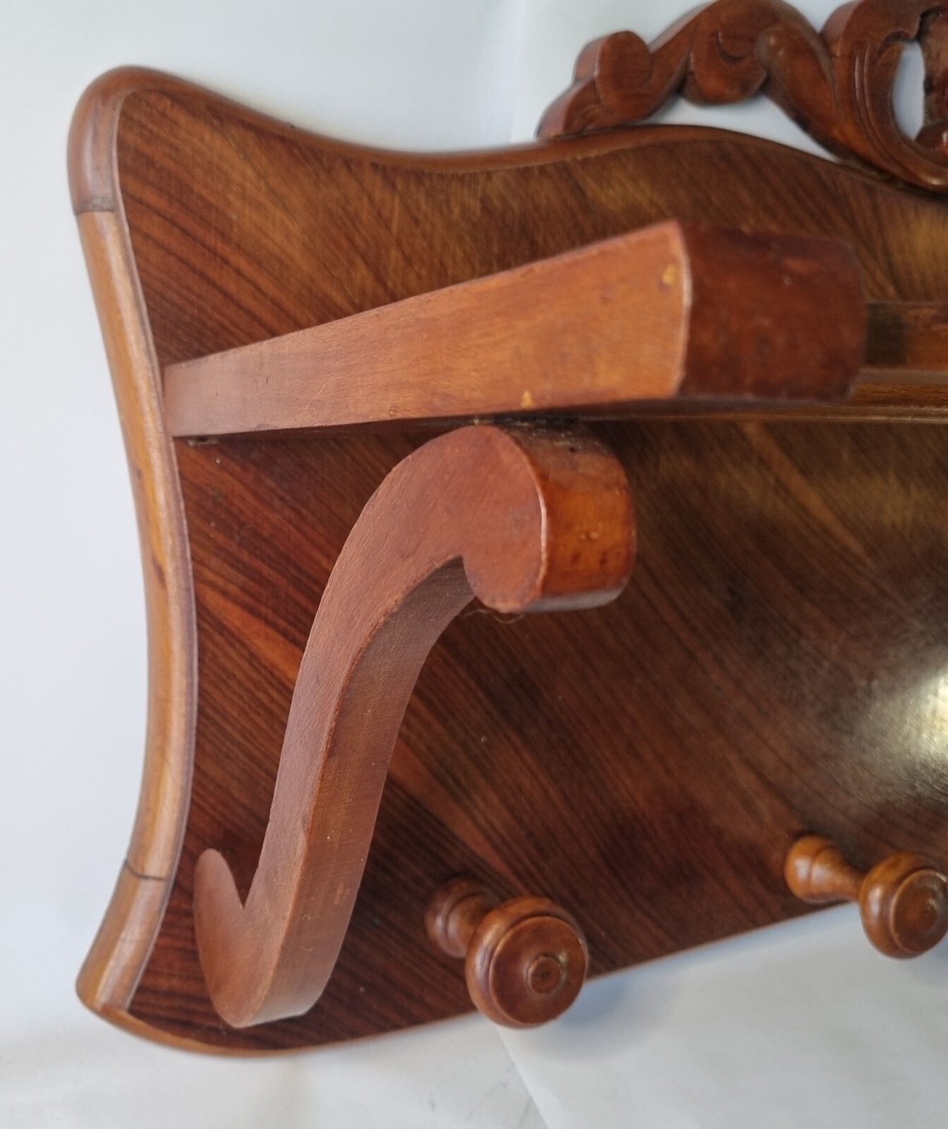 Vintage Ornate Wooden French Coat & Hat Rack 4 Hooks Wall Mounted Walnut Veneer photo vinterior