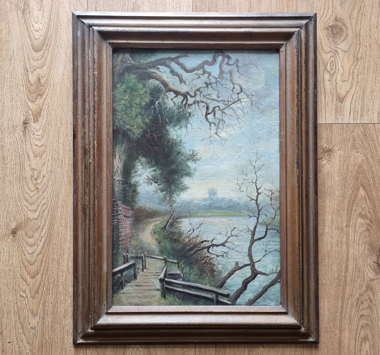 Antique Landscape Oil Painting On Board Signed Morton River Path Cathedral