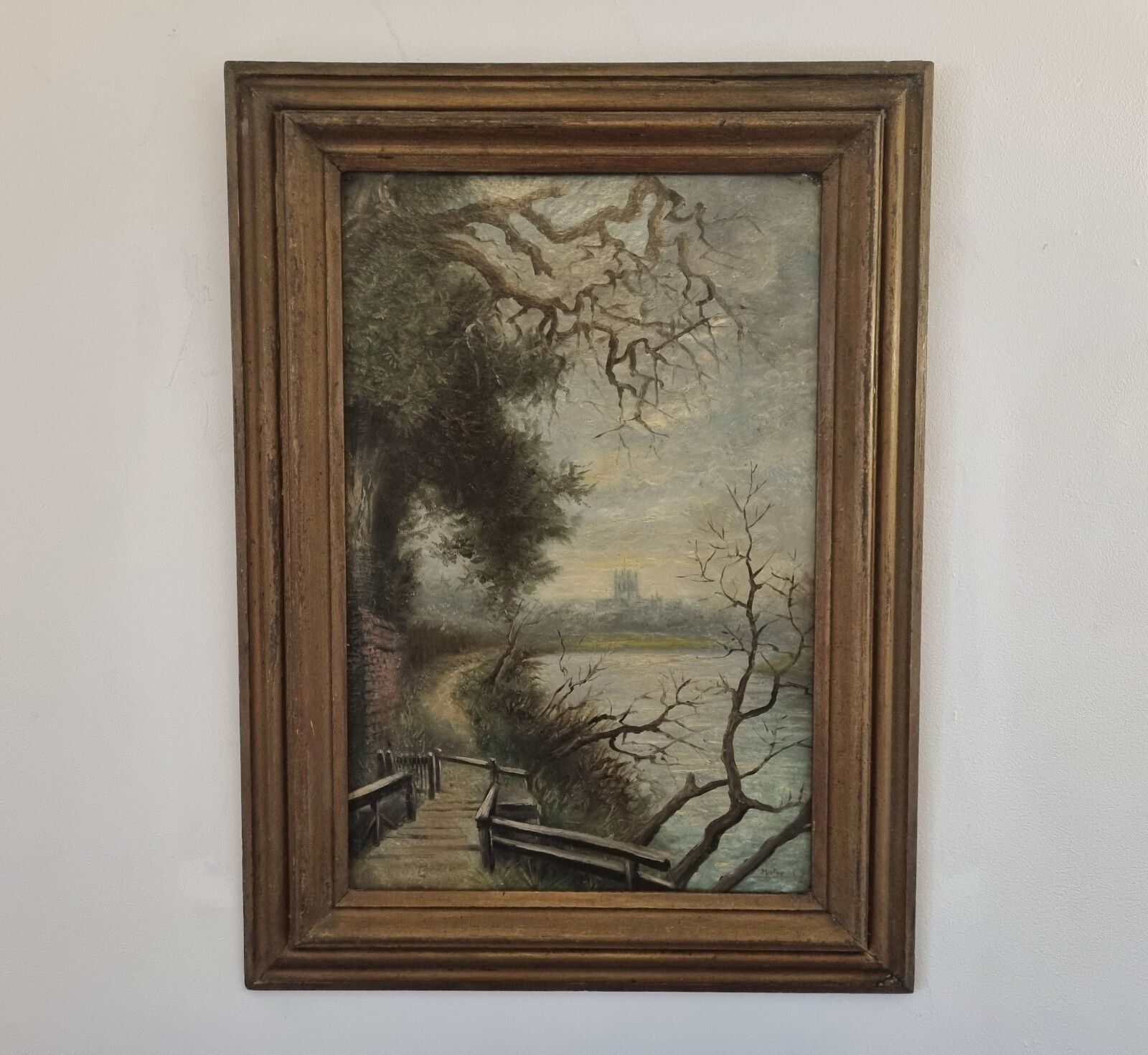 Antique Landscape Oil Painting On Board Signed Morton River Path Cathedral photo for sale