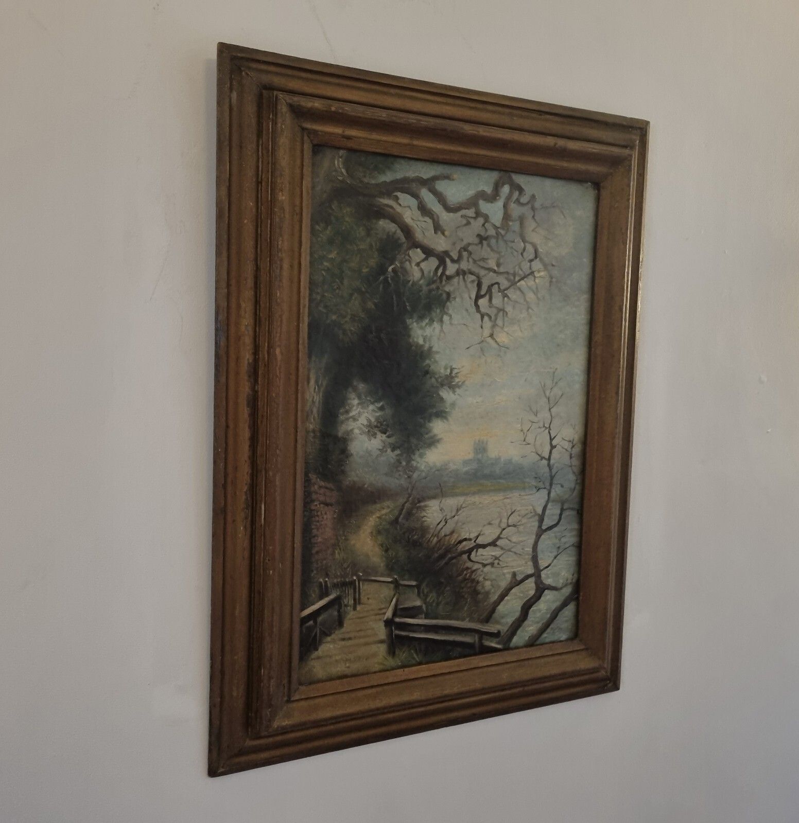 Antique Landscape Oil Painting On Board Signed Morton River Path Cathedral photo Art