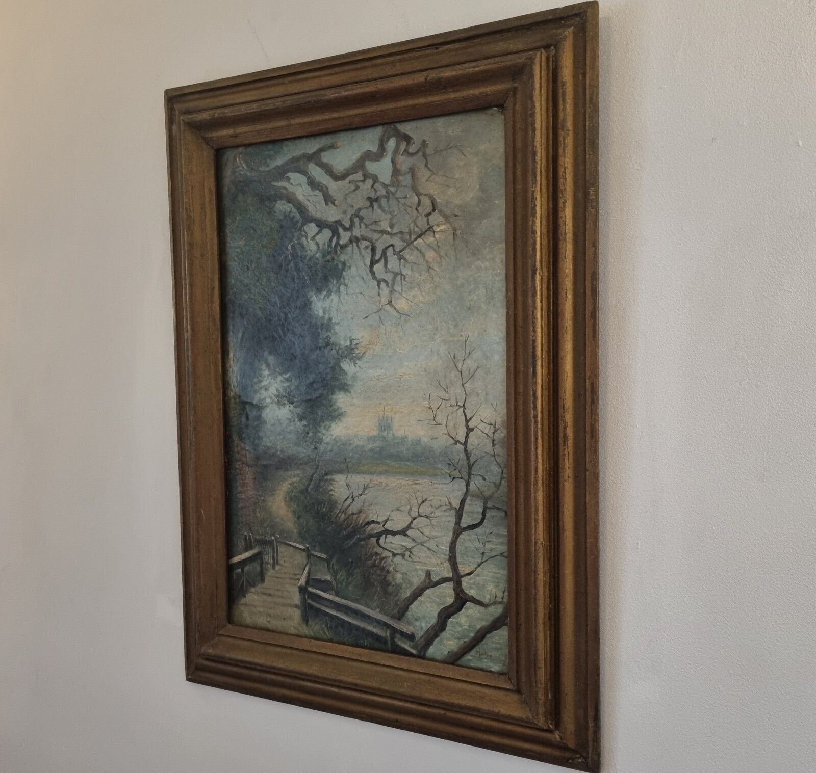 Antique Landscape Oil Painting On Board Signed Morton River Path Cathedral photo 120.0