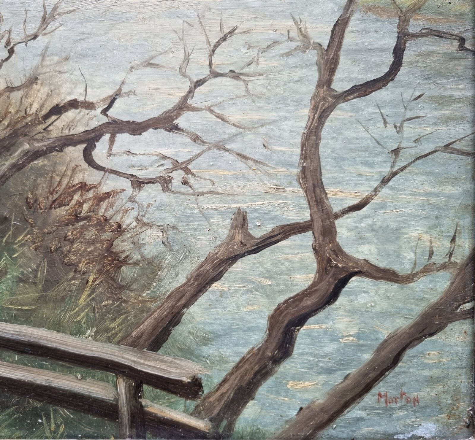 Art Antique Landscape Oil Painting On Board Signed Morton River Path Cathedral photo