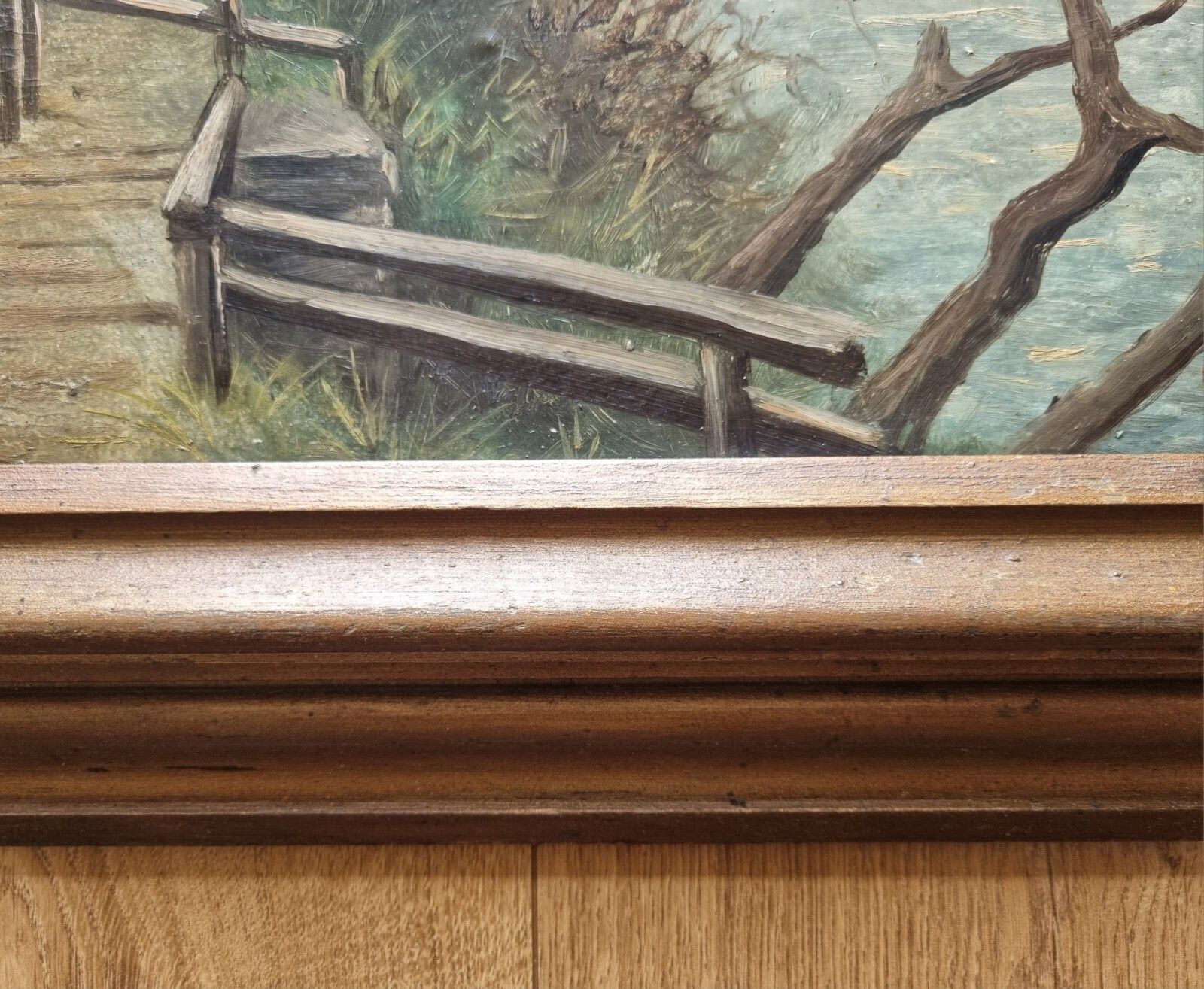 photo buy Antique Landscape Oil Painting On Board Signed Morton River Path Cathedral