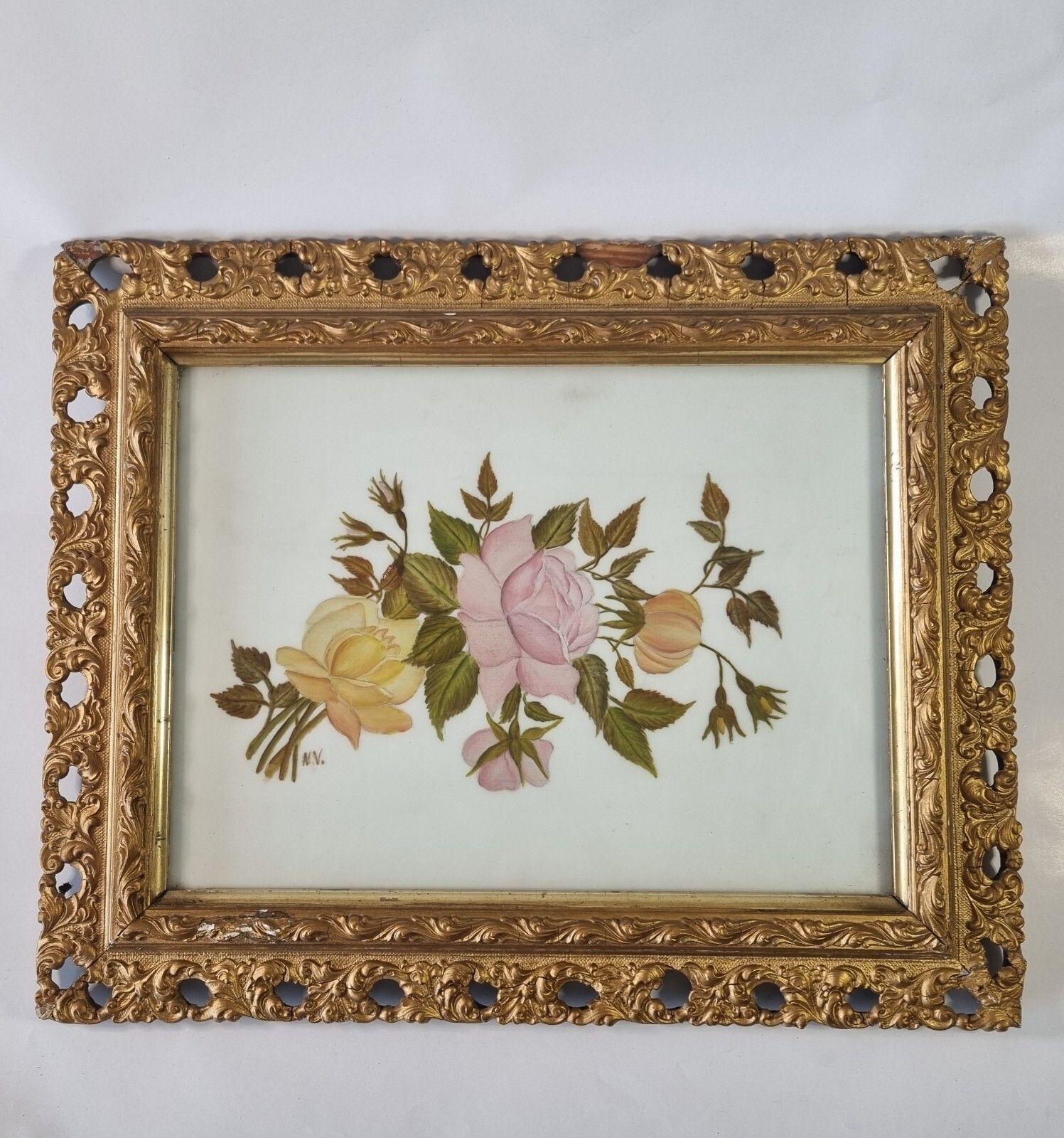 Victorian Botanical Rose Oil Painting On White Glass Ornate Gesso Frame Floral